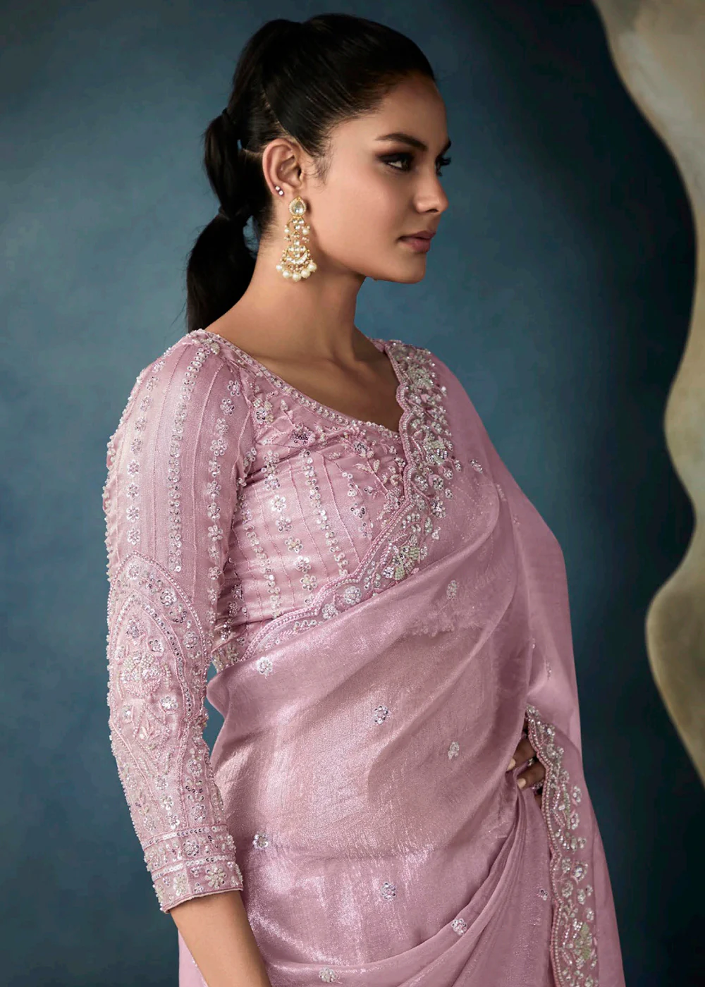 Radiant Pink Tissue Saree with Handcrafted Cutwork Border - Image 2