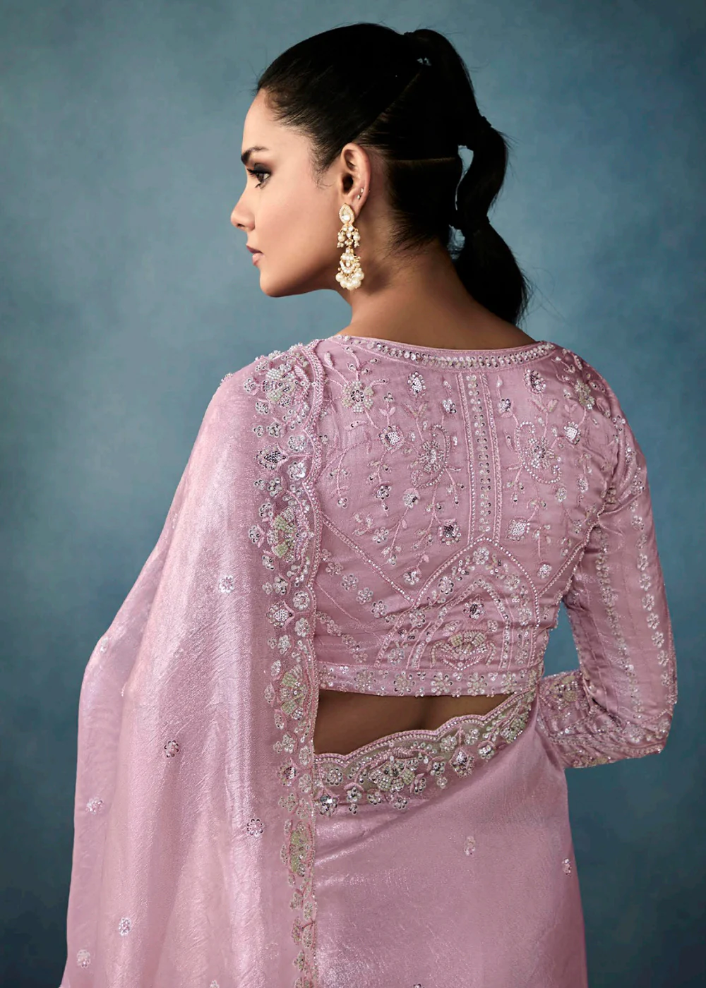 Radiant Pink Tissue Saree with Handcrafted Cutwork Border - Image 3