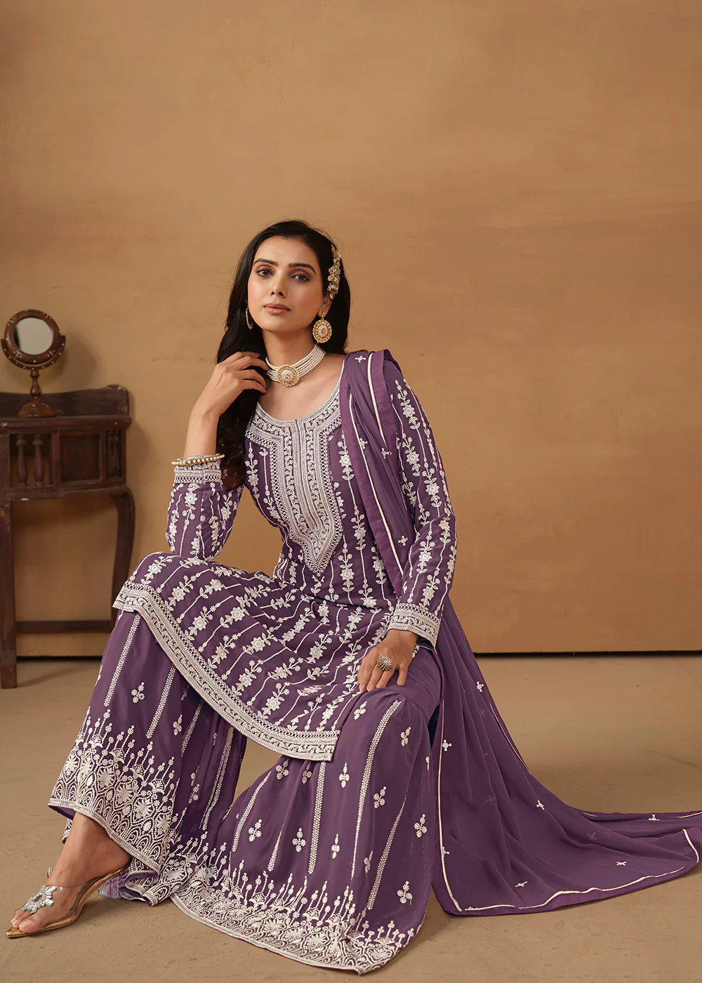 Radiant Purple Embroidered Wedding Festive Gharara Suit - Image 3