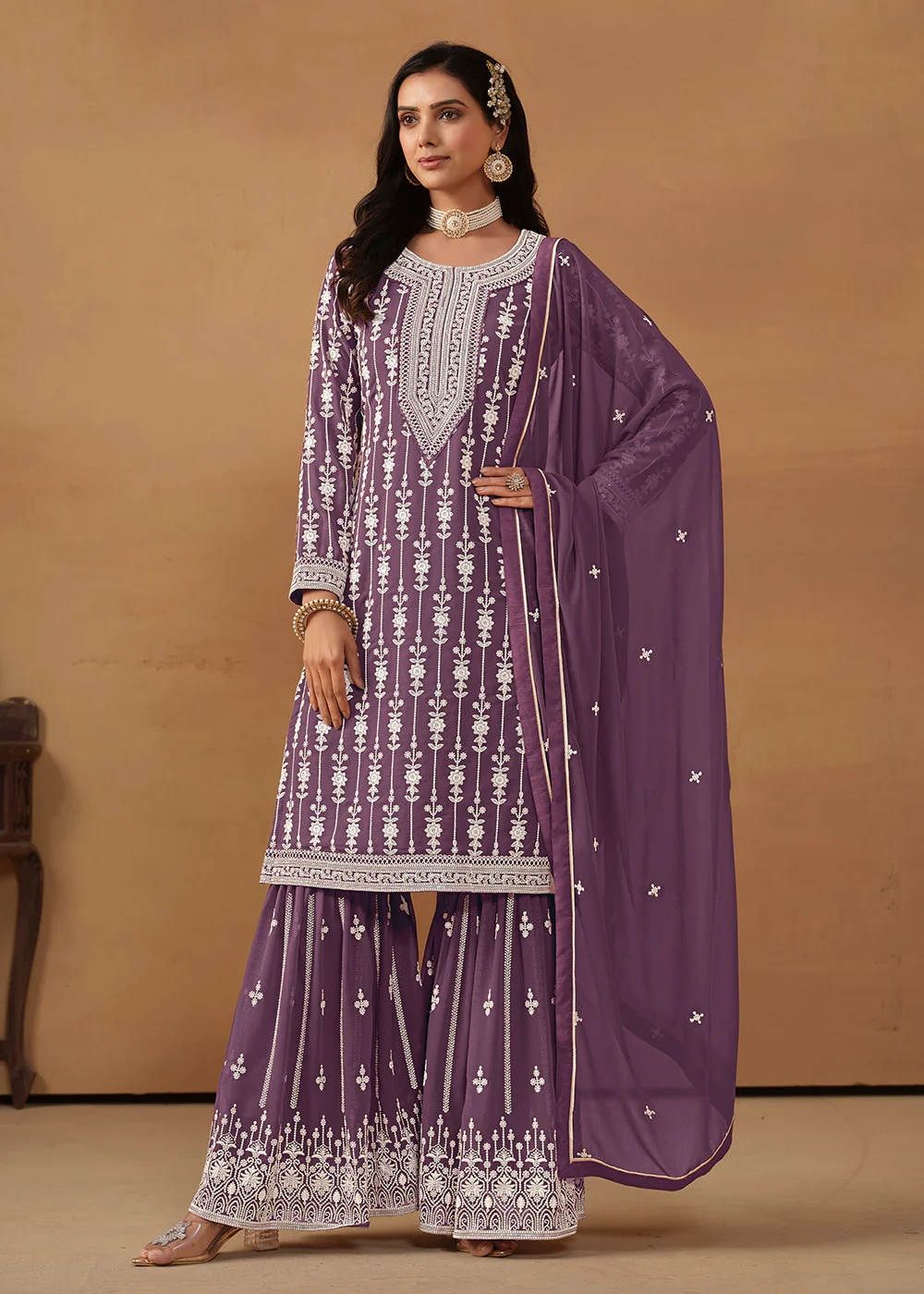 Radiant Purple Embroidered Wedding Festive Gharara Suit - Image 4