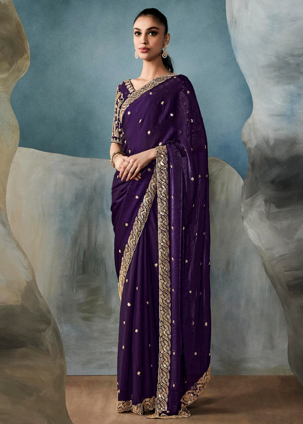 Radiant Purple Tissue Saree with Handcrafted Cutwork Border