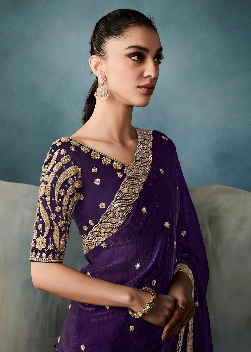 Radiant Purple Tissue Saree with Handcrafted Cutwork Border - Image 2