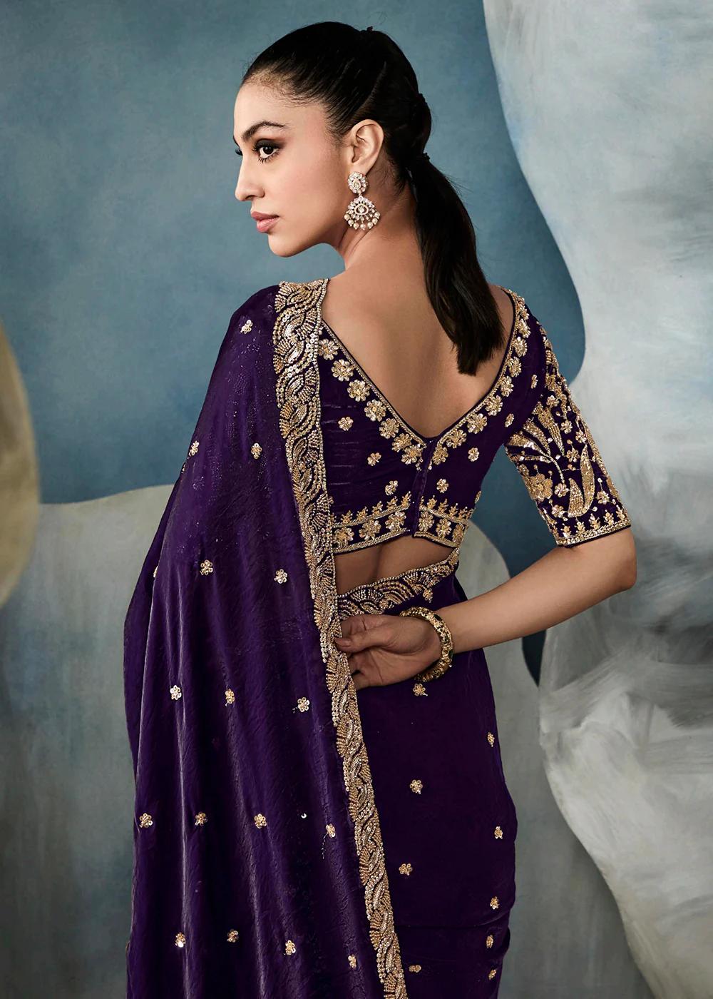 Radiant Purple Tissue Saree with Handcrafted Cutwork Border - Image 3