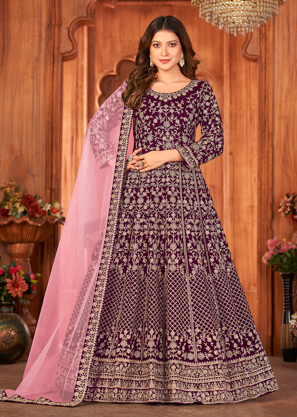Radiant Purple Velvet Wedding Function Wear Anarkali Suit