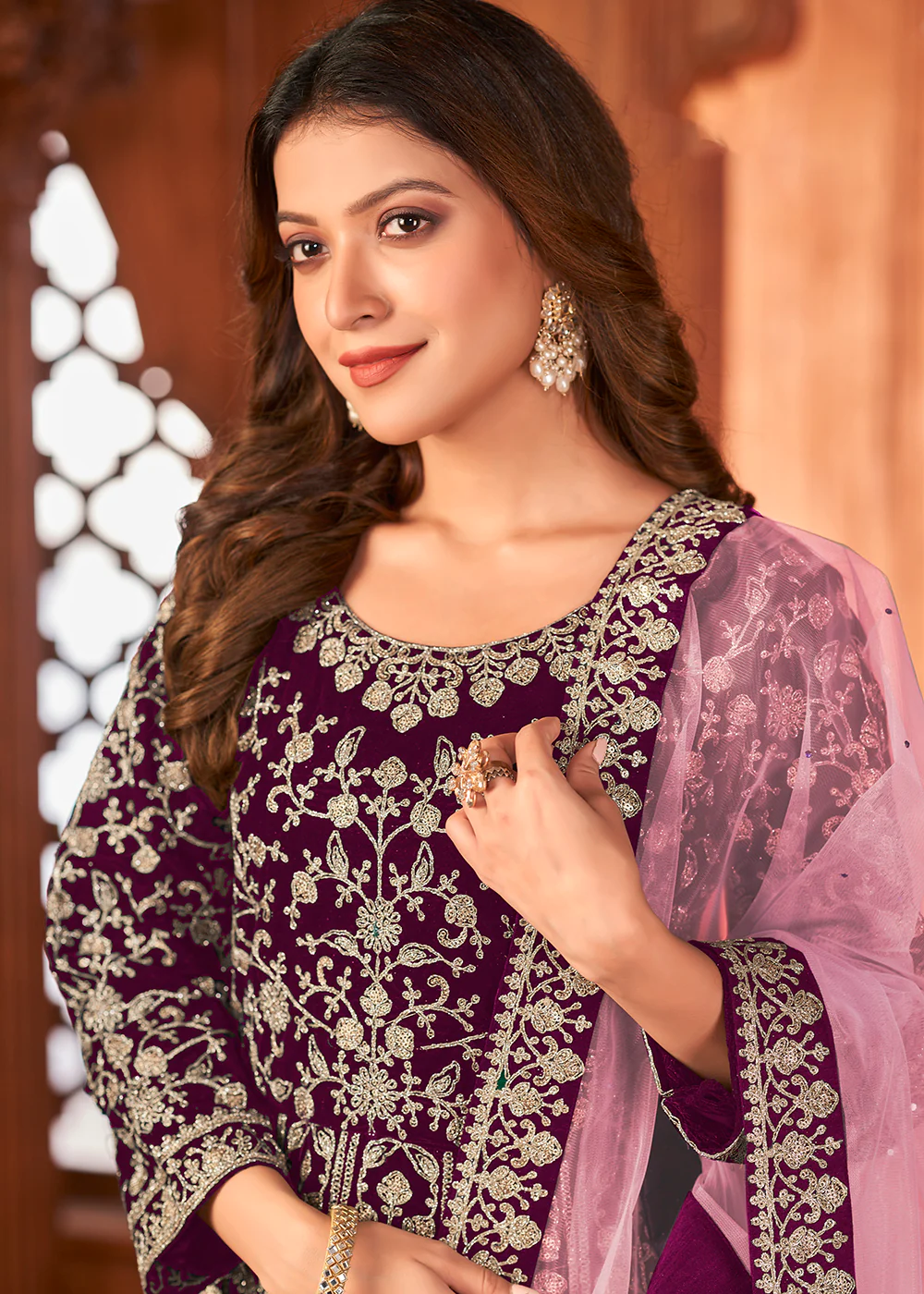 Radiant Purple Velvet Wedding Function Wear Anarkali Suit - Image 2
