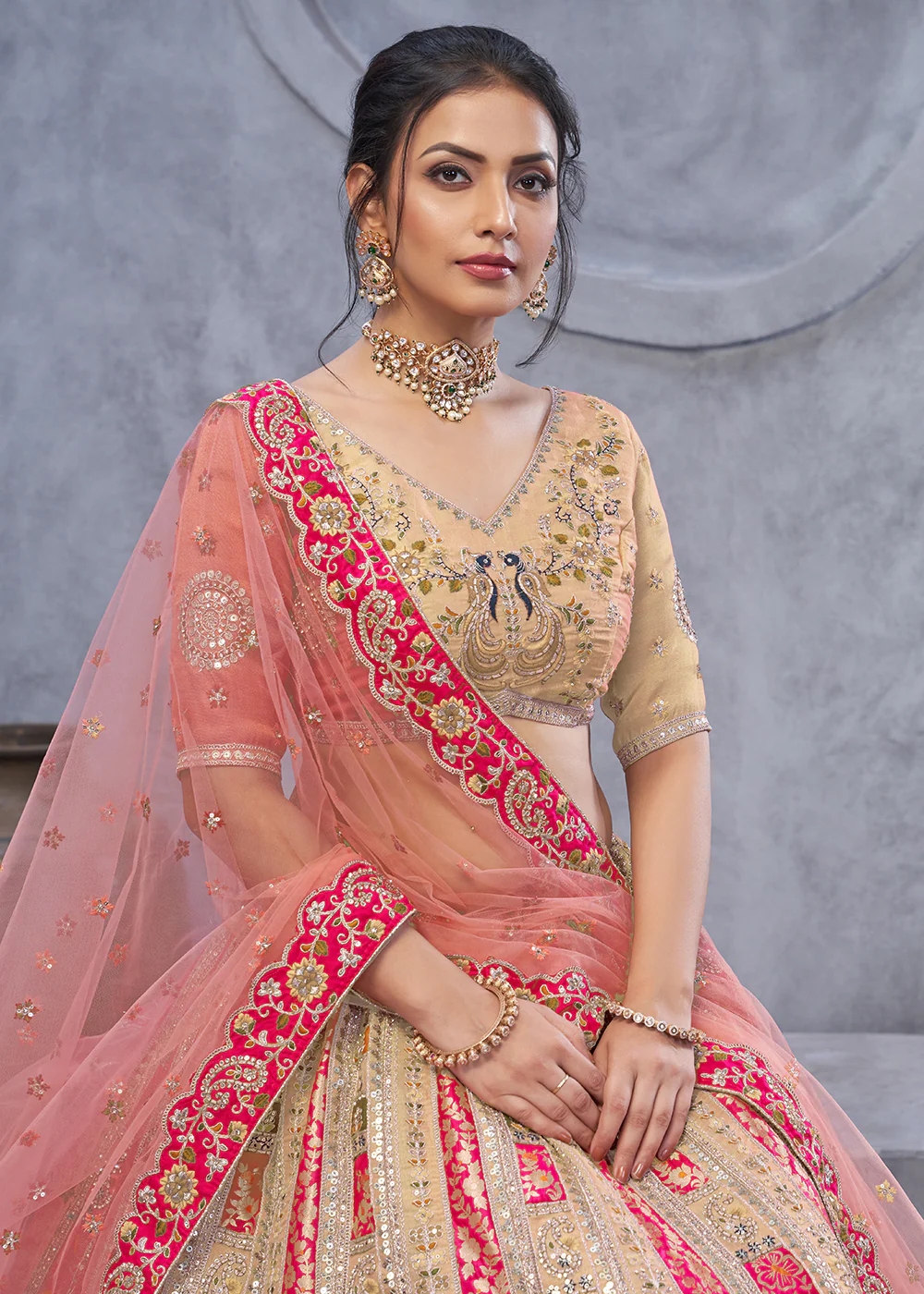 Radiant Rani Beige Hand Embroidered Bridal Lehenga Choli - Image 2
