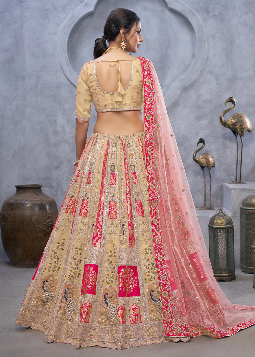 Radiant Rani Beige Hand Embroidered Bridal Lehenga Choli - Image 3