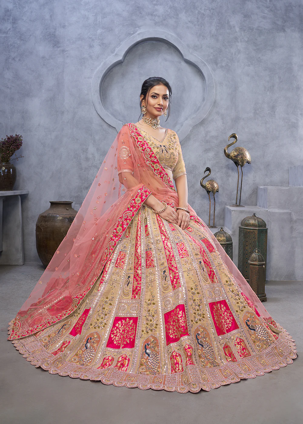 Radiant Rani Beige Hand Embroidered Bridal Lehenga Choli - Image 4