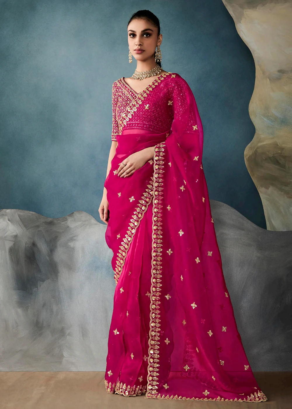 Radiant Rani Pink Tissue Saree with Handcrafted Cutwork Border