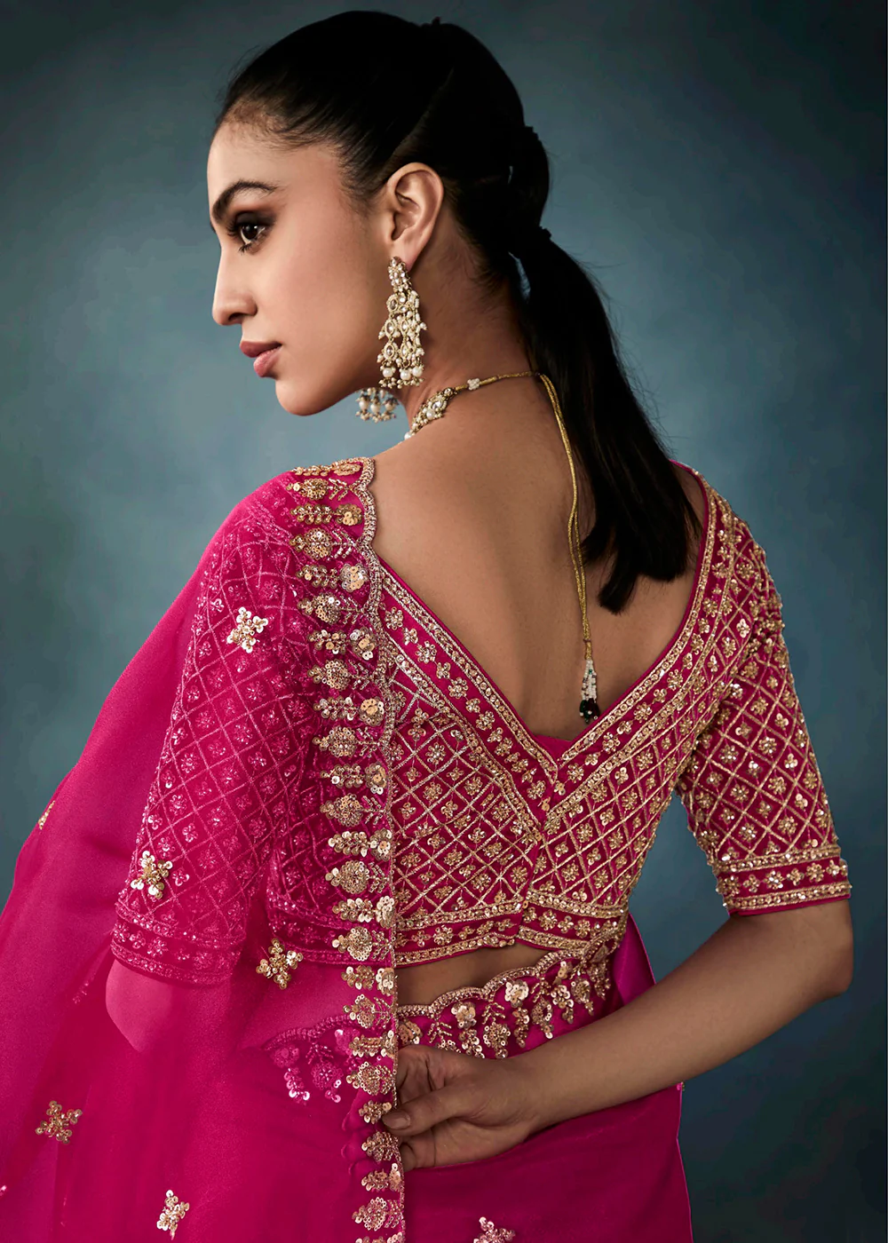 Radiant Rani Pink Tissue Saree with Handcrafted Cutwork Border - Image 3