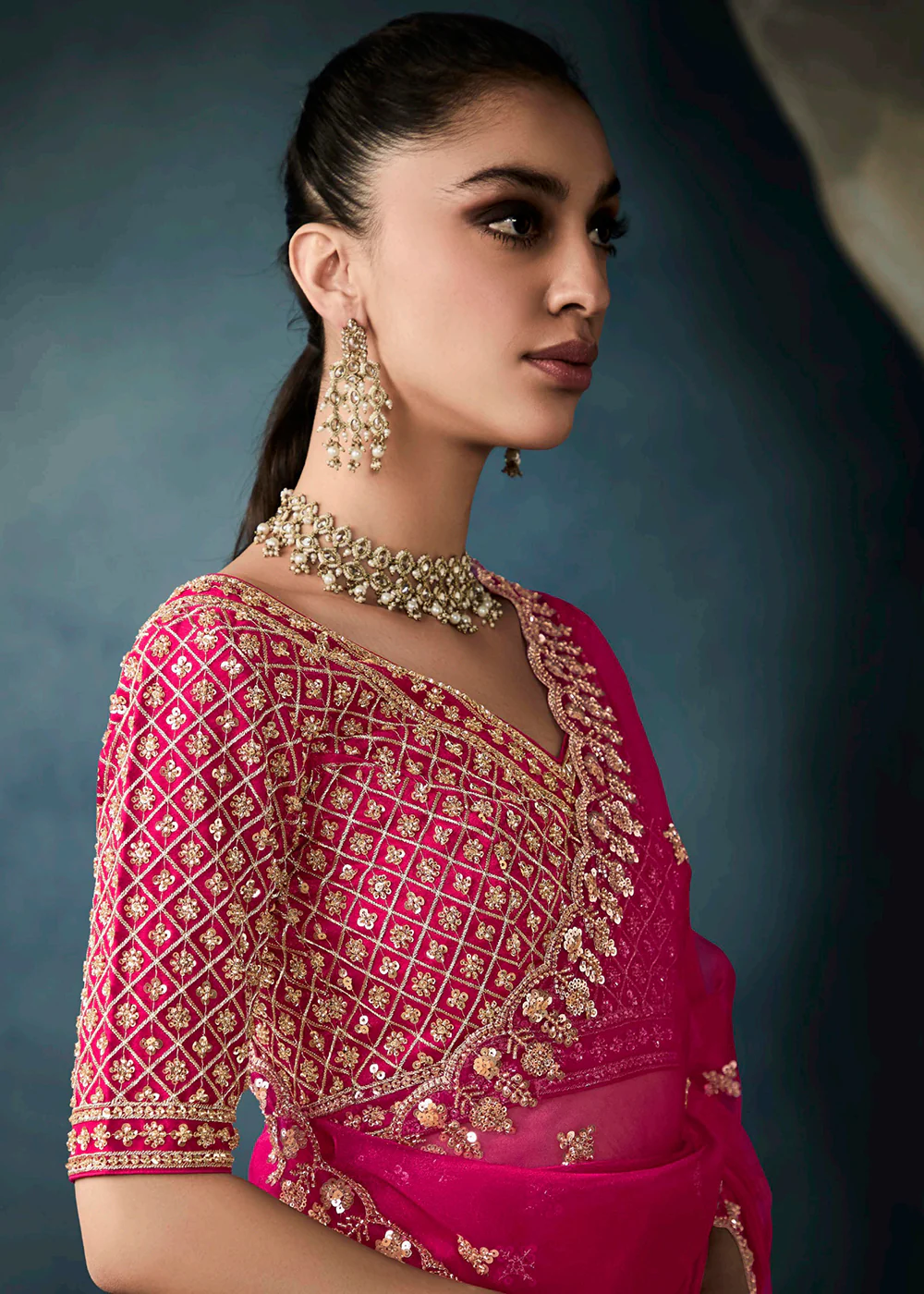 Radiant Rani Pink Tissue Saree with Handcrafted Cutwork Border - Image 4
