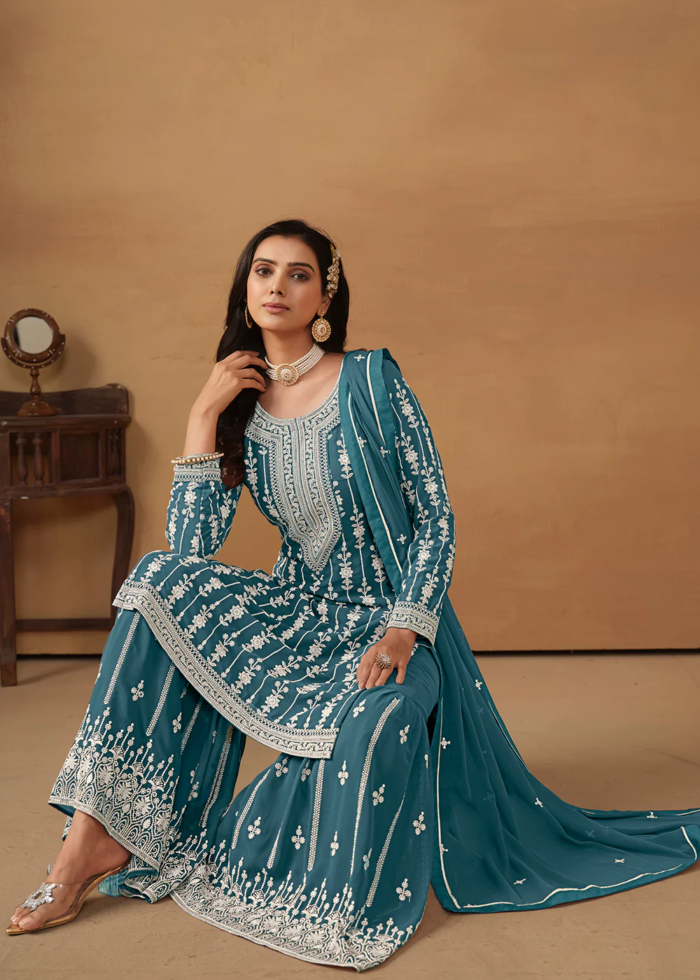 Radiant Teal Embroidered Wedding Festive Gharara Suit - Image 3