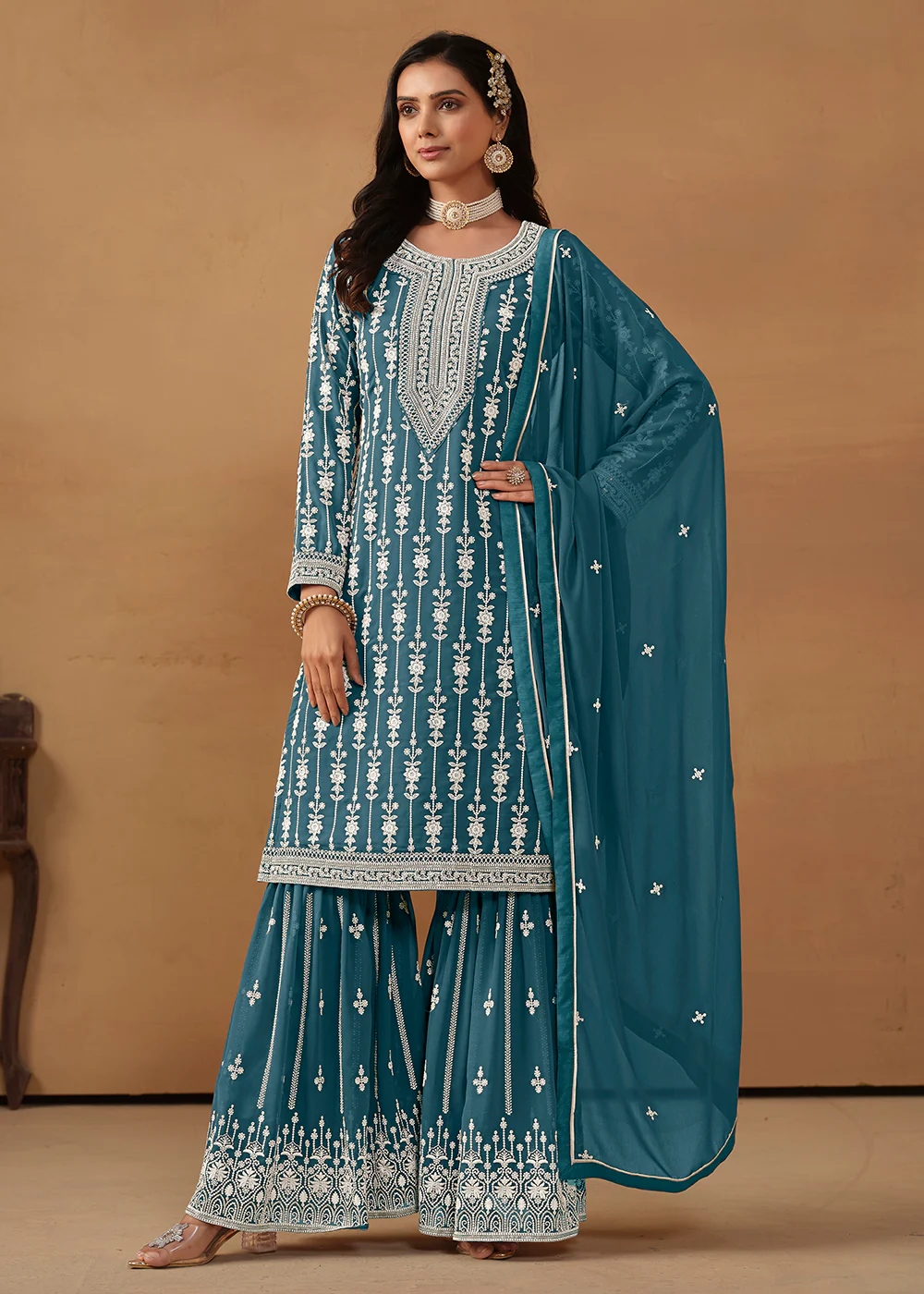 Radiant Teal Embroidered Wedding Festive Gharara Suit - Image 4