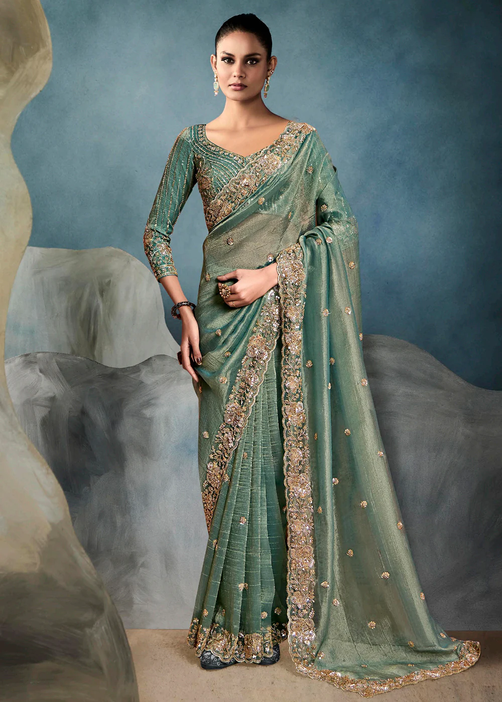 Radiant Teal Tissue Saree with Handcrafted Cutwork Border