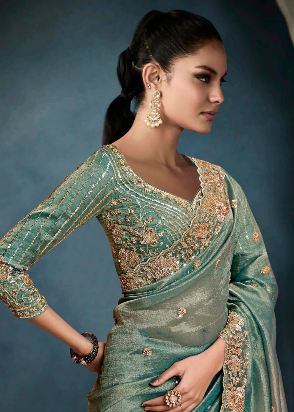Radiant Teal Tissue Saree with Handcrafted Cutwork Border - Image 2