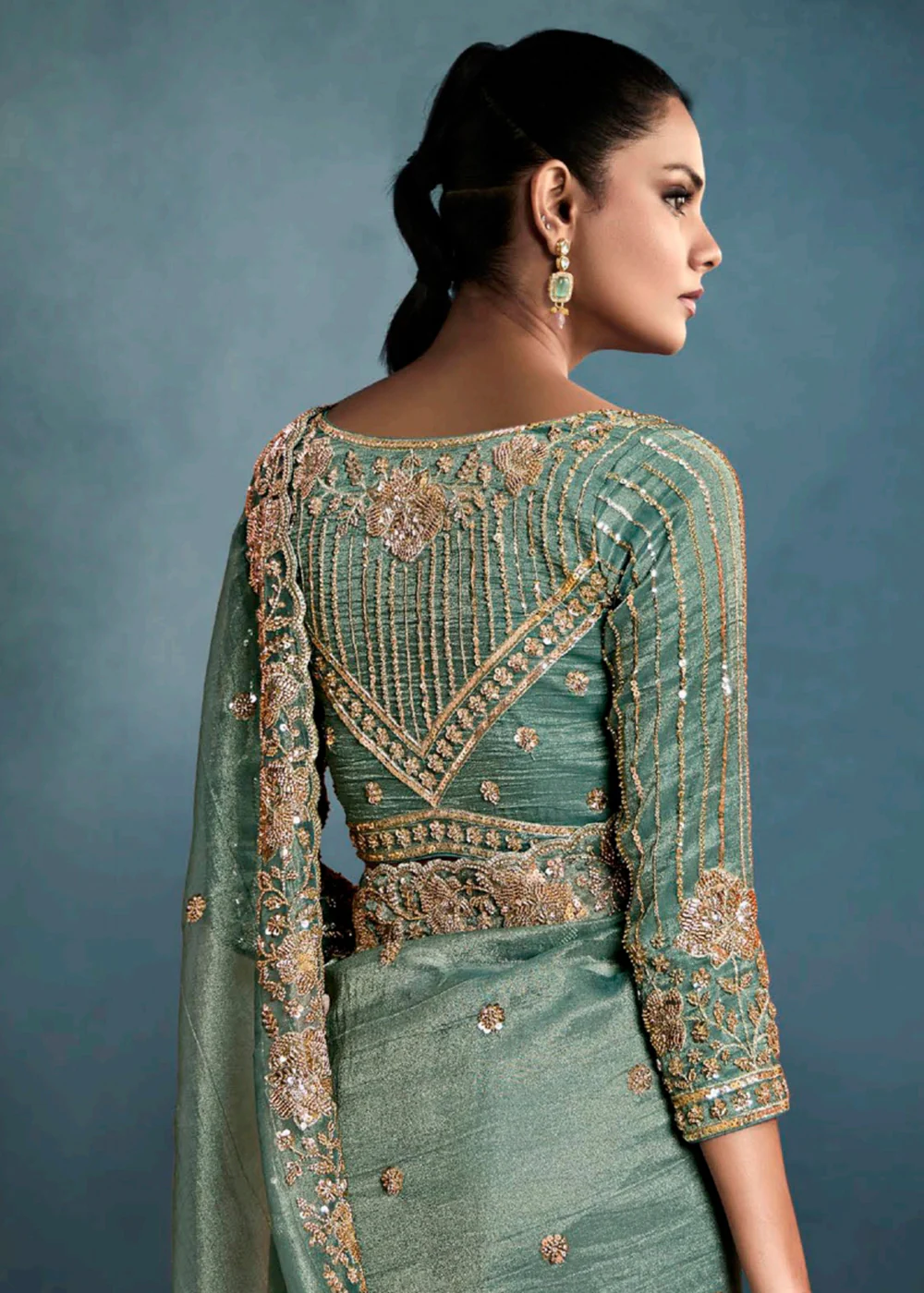Radiant Teal Tissue Saree with Handcrafted Cutwork Border - Image 3