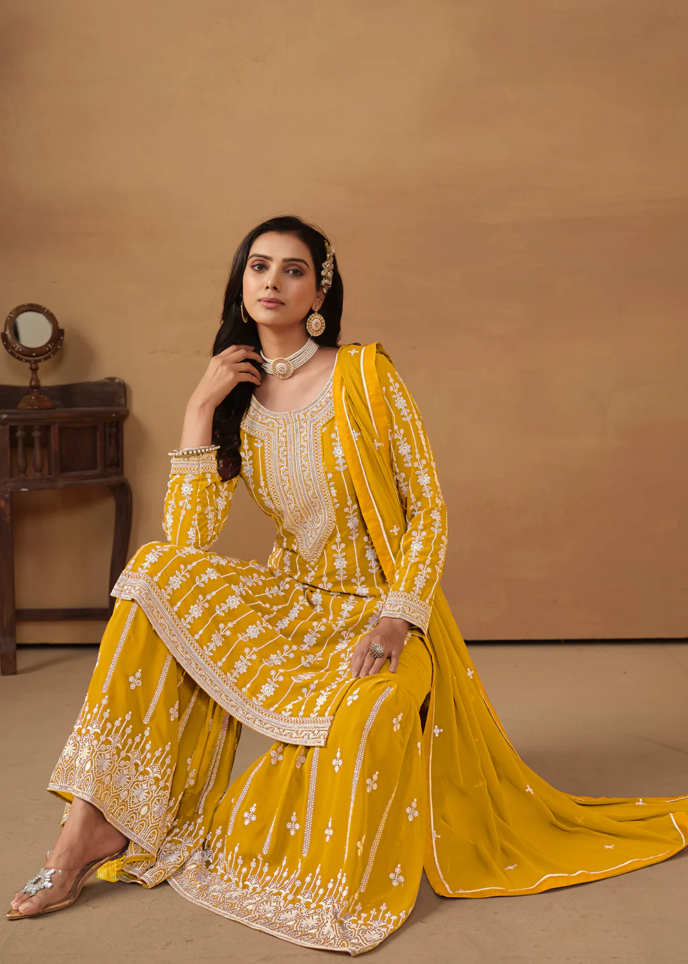 Radiant Yellow Embroidered Wedding Festive Gharara Suit - Image 3