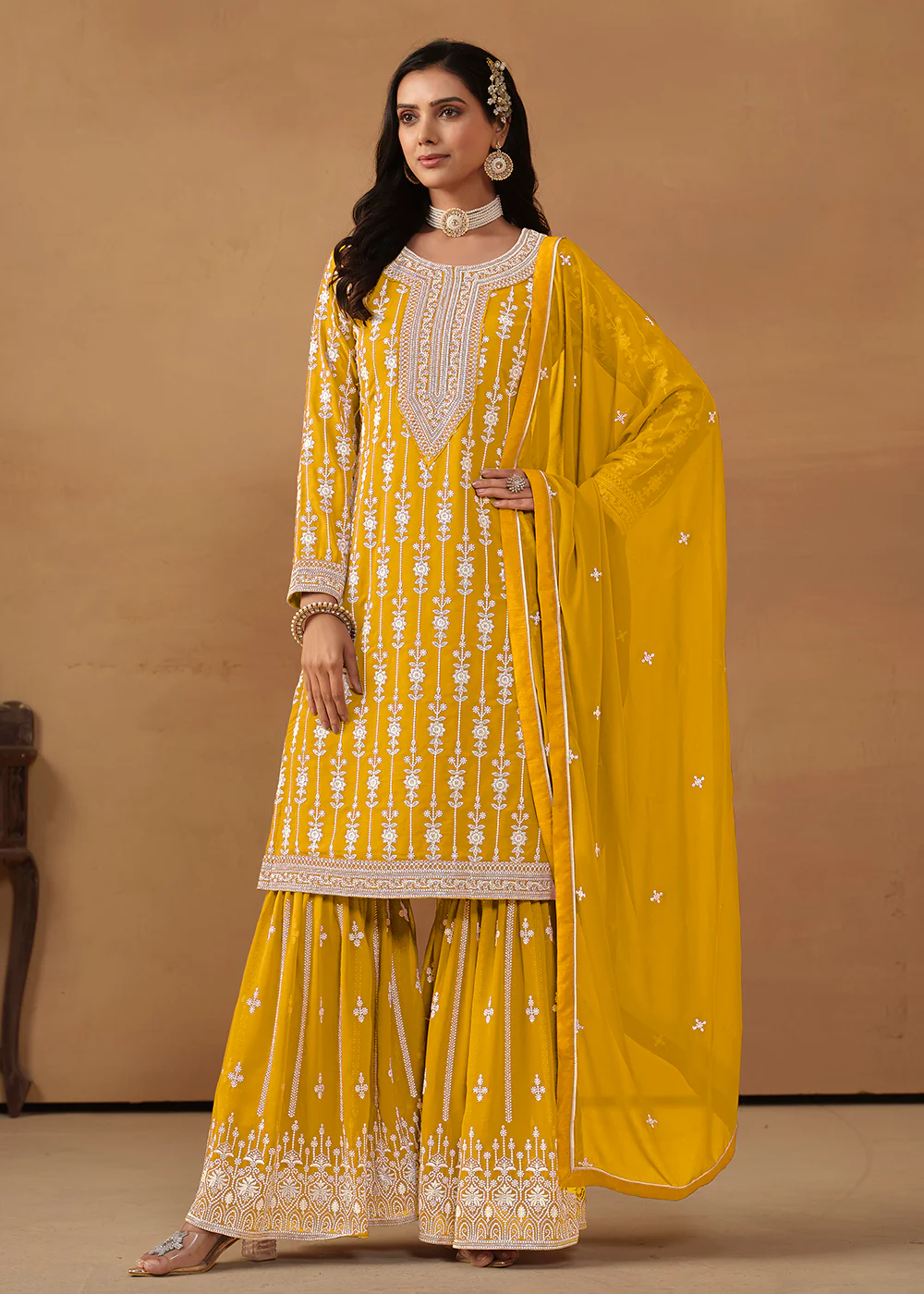Radiant Yellow Embroidered Wedding Festive Gharara Suit - Image 4