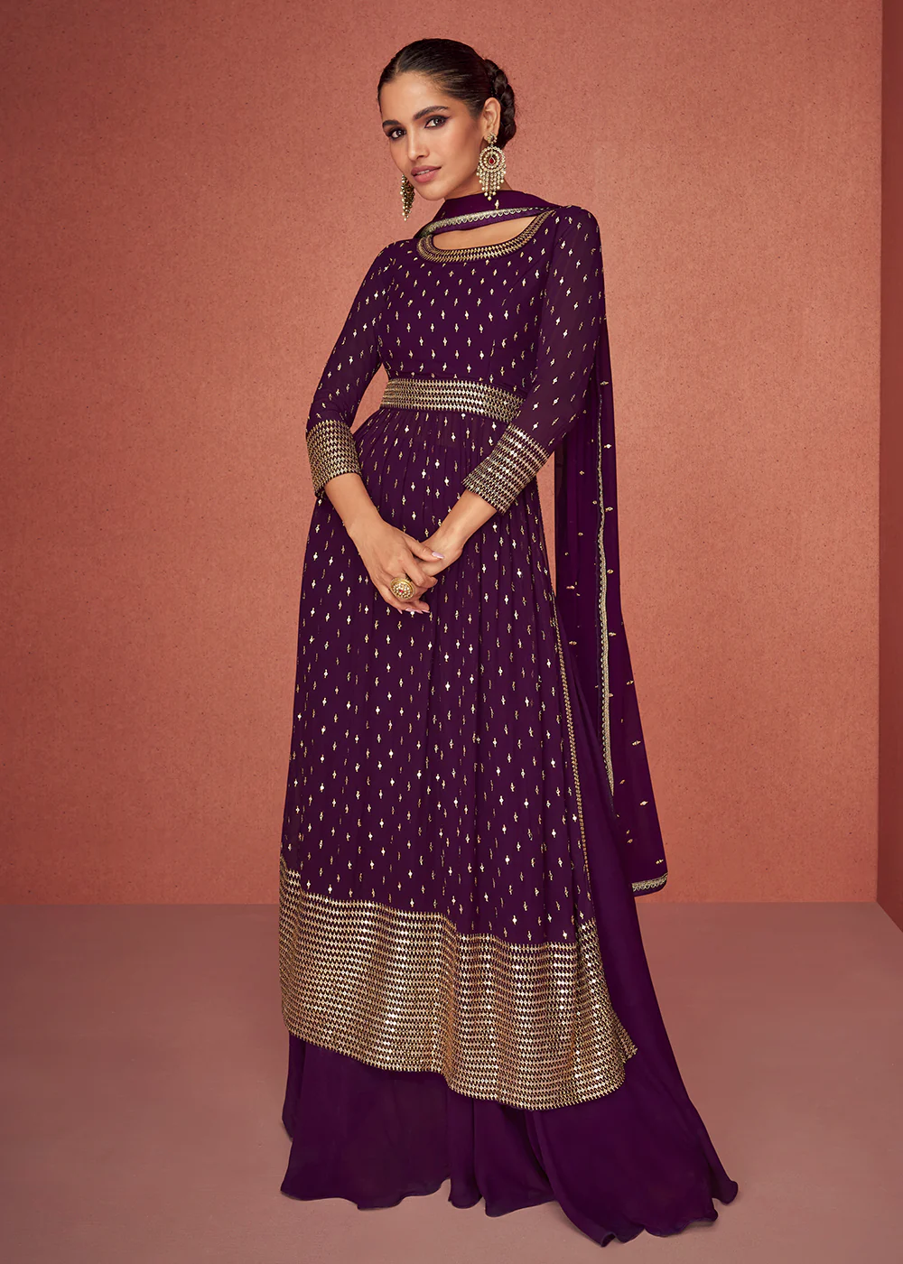 Raisin Purple Anarkali Style Embroidered Palazzo Style Suit