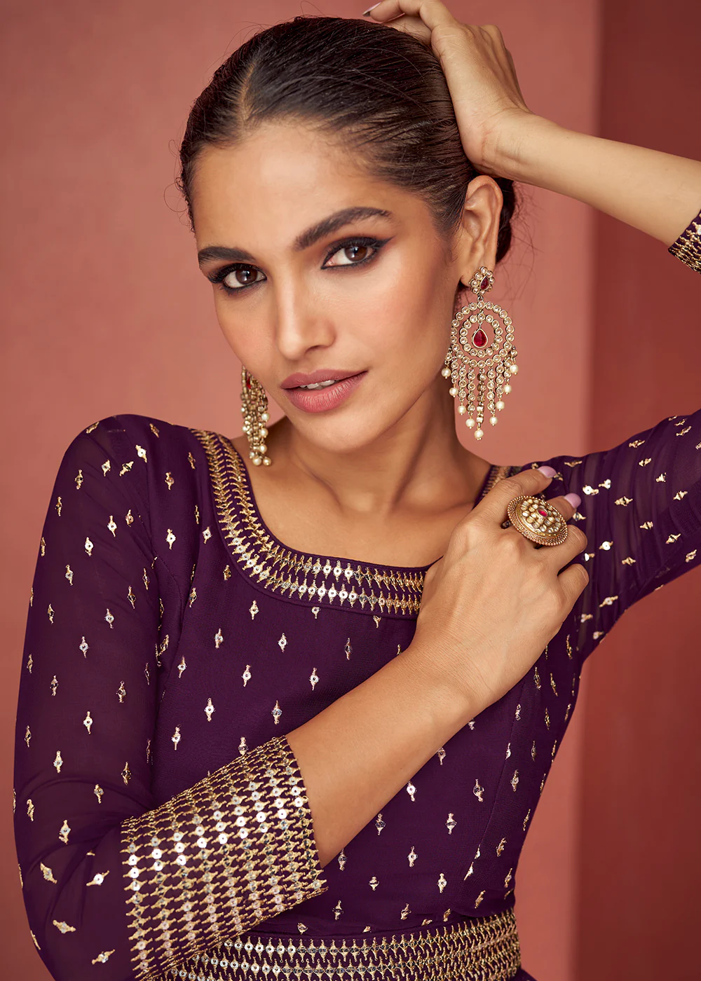Raisin Purple Anarkali Style Embroidered Palazzo Style Suit - Image 2