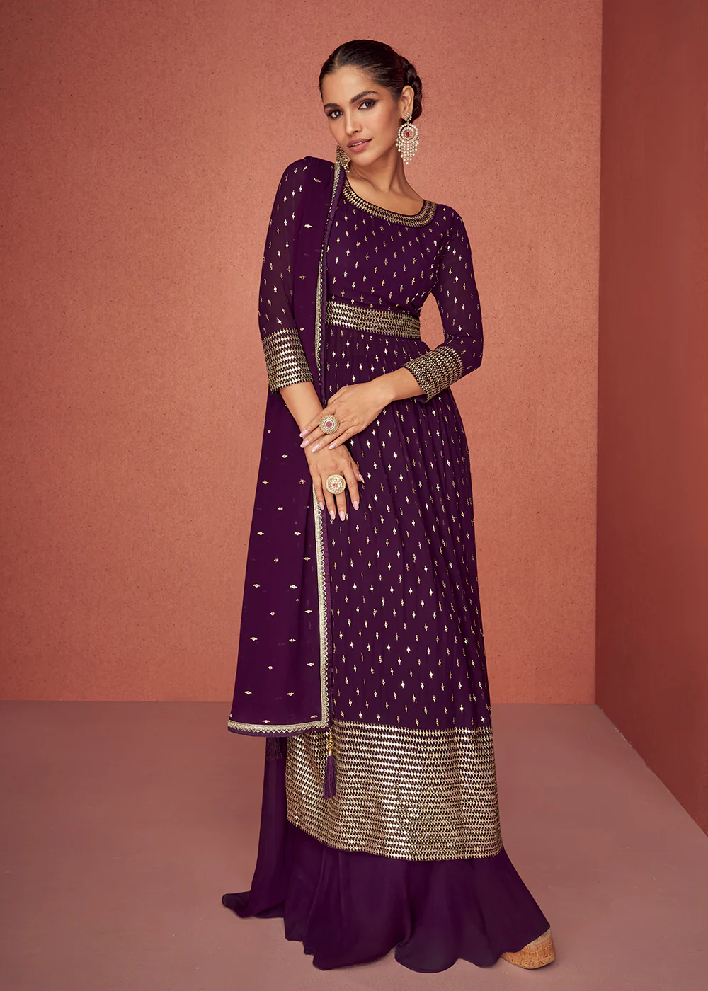 Raisin Purple Anarkali Style Embroidered Palazzo Style Suit - Image 4