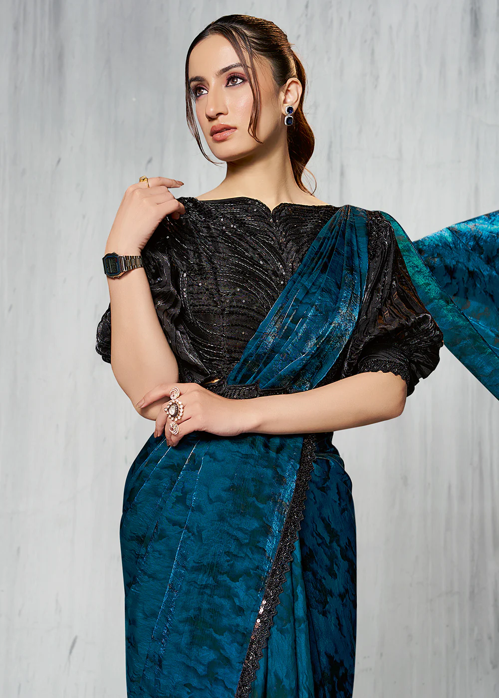 Rama Black Designer Embroidered Party Wear Saree - Image 2