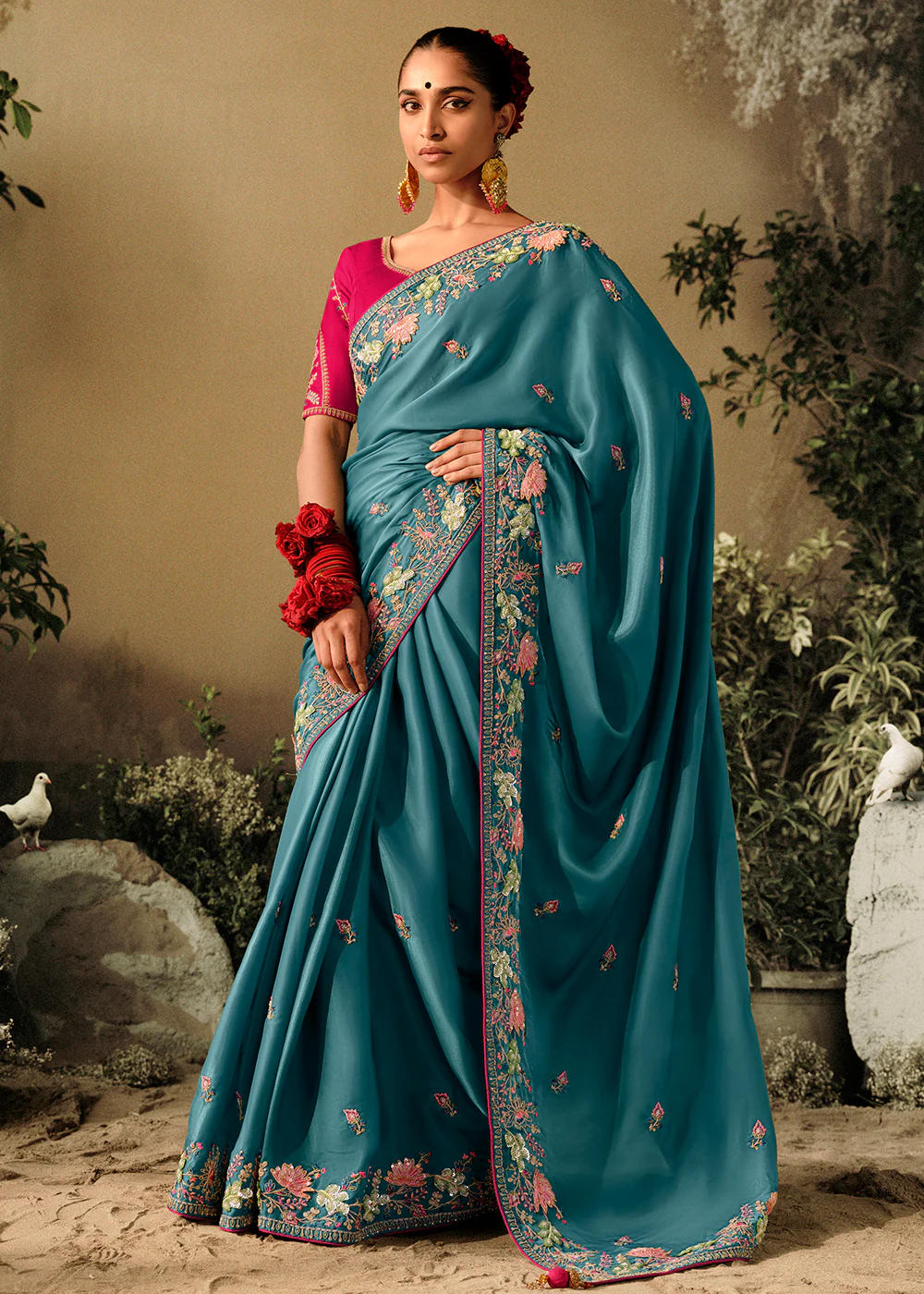 Rama Blue Khatli Work Embroidered Designer Wedding Saree