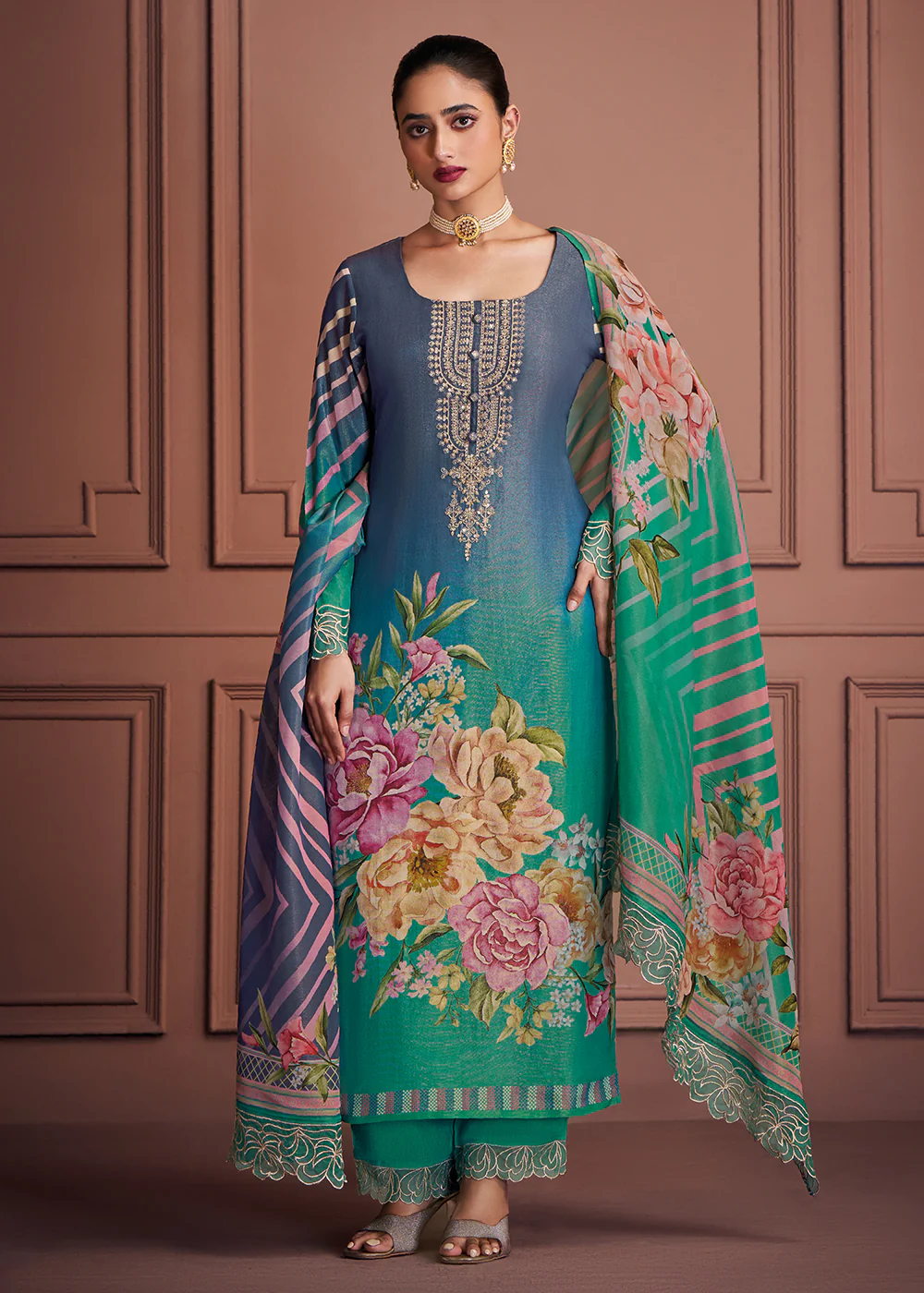 Rama & Blue Muslin Festive Style Salwar Suit