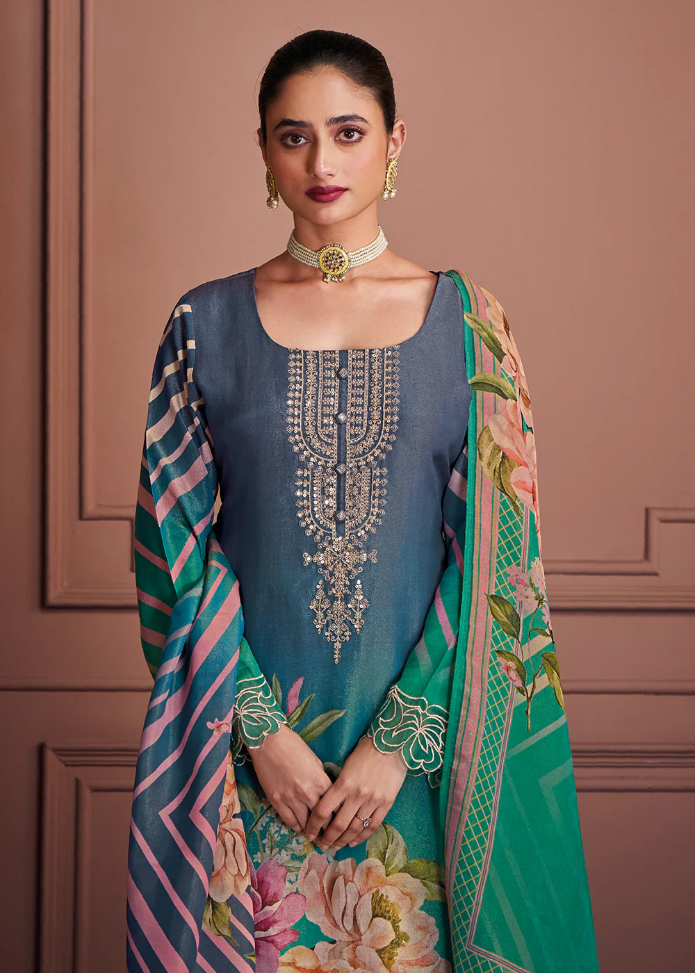 Rama & Blue Muslin Festive Style Salwar Suit - Image 2