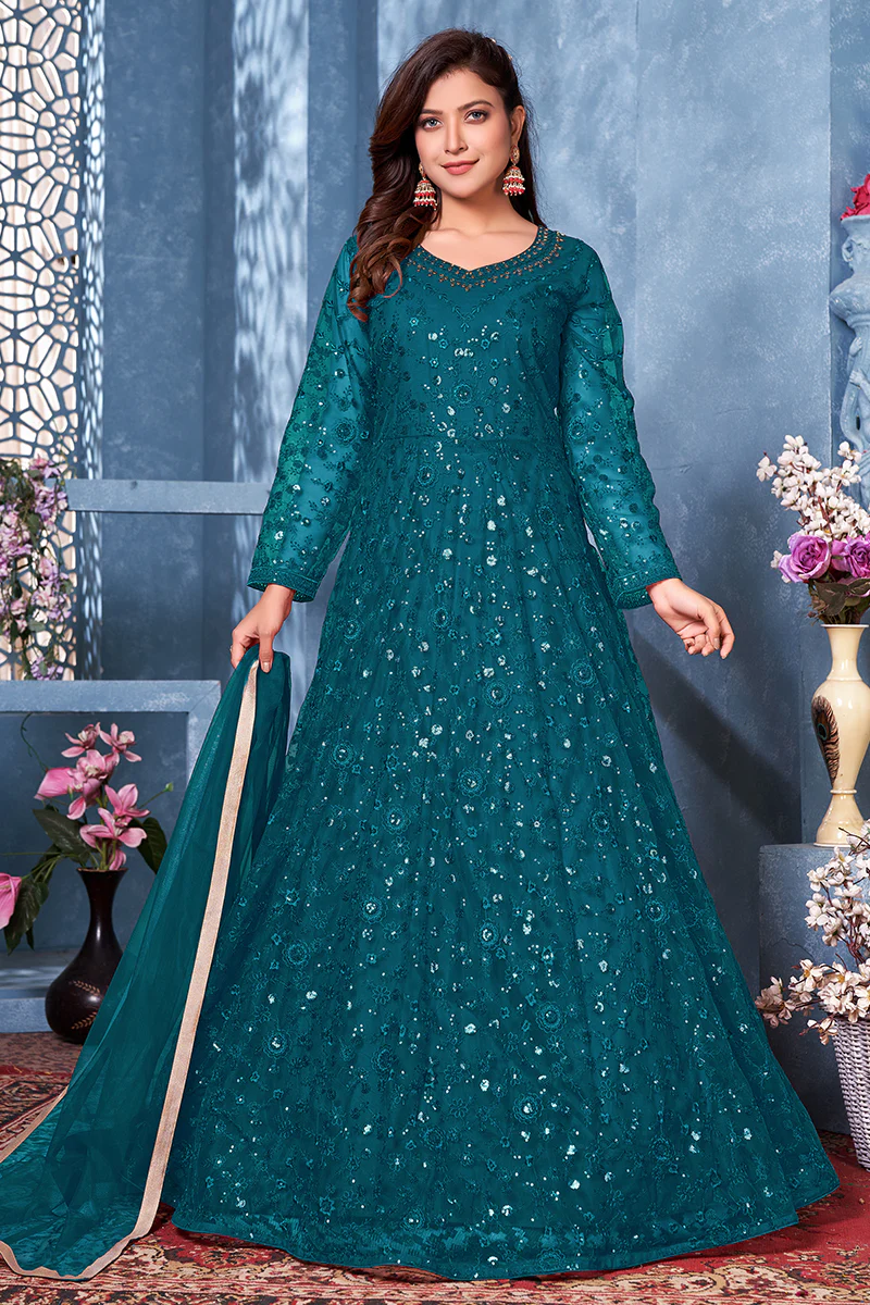 Rama Blue Two Tone Embroidered Sequins Anarkali Suit