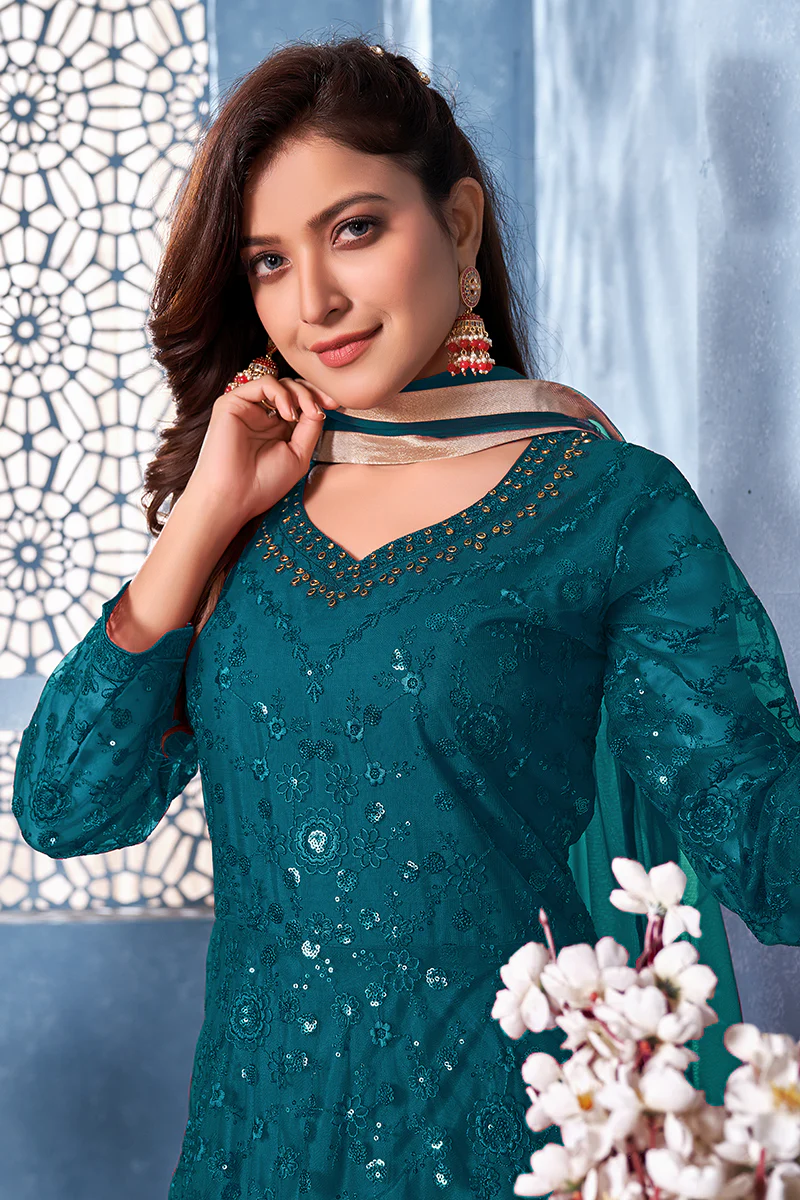 Rama Blue Two Tone Embroidered Sequins Anarkali Suit - Image 2