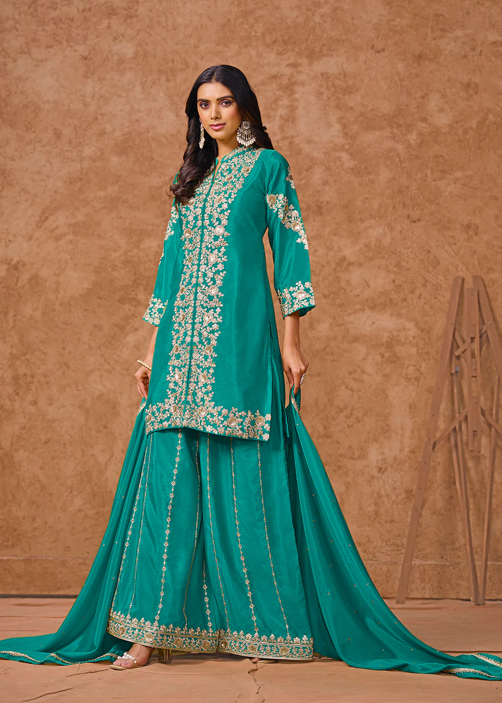 Rama Chinnon Silk Festive Embroidered Palazzo Style Suit - Image 4