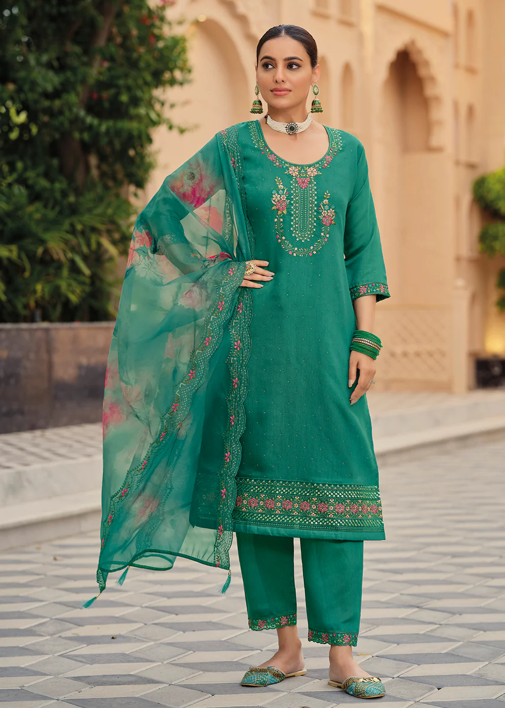 Rama Color Embroidered Silk Pant Style Salwar Suit