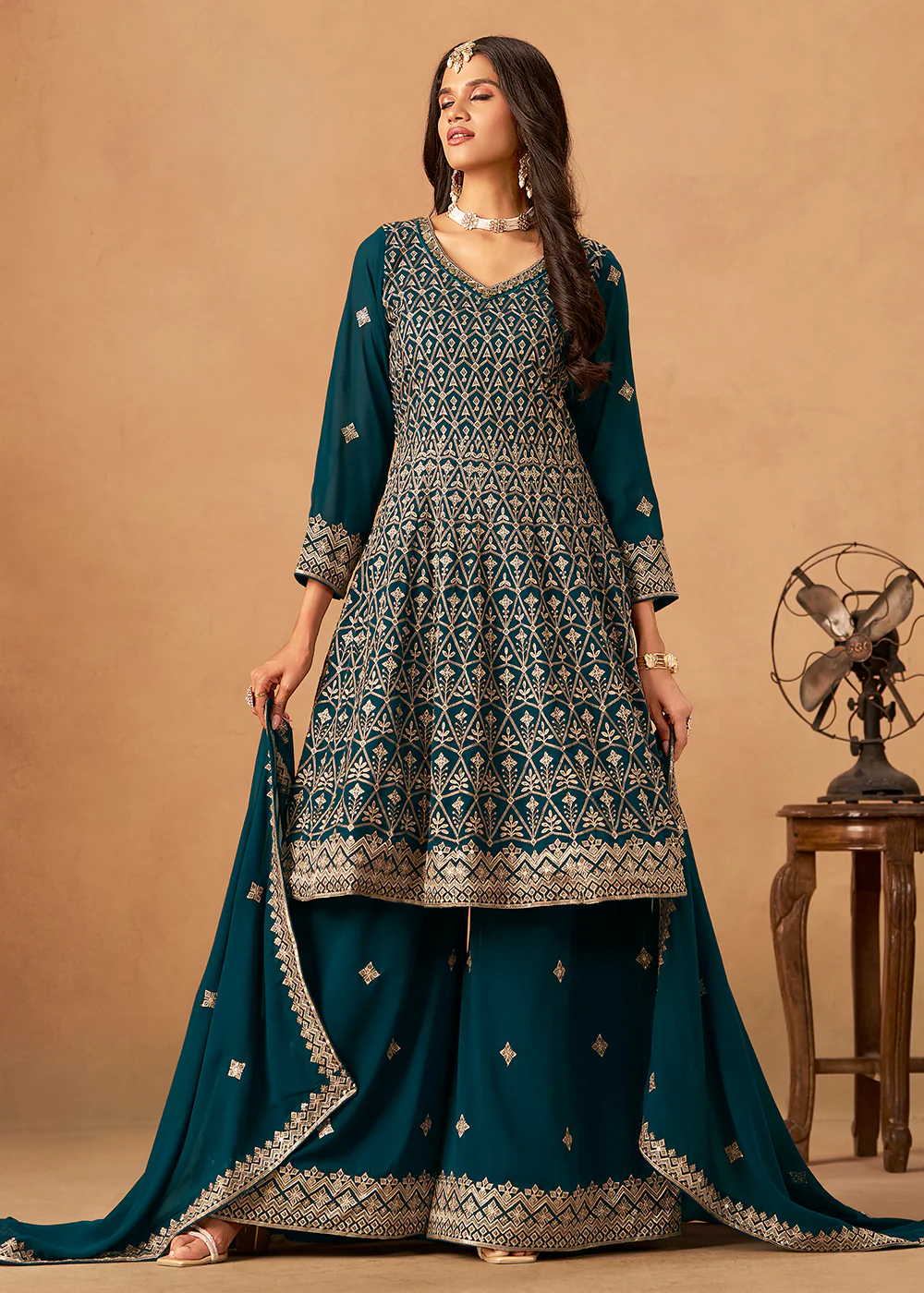 Rama Front & Back Embroidered Palazzo Style Suit