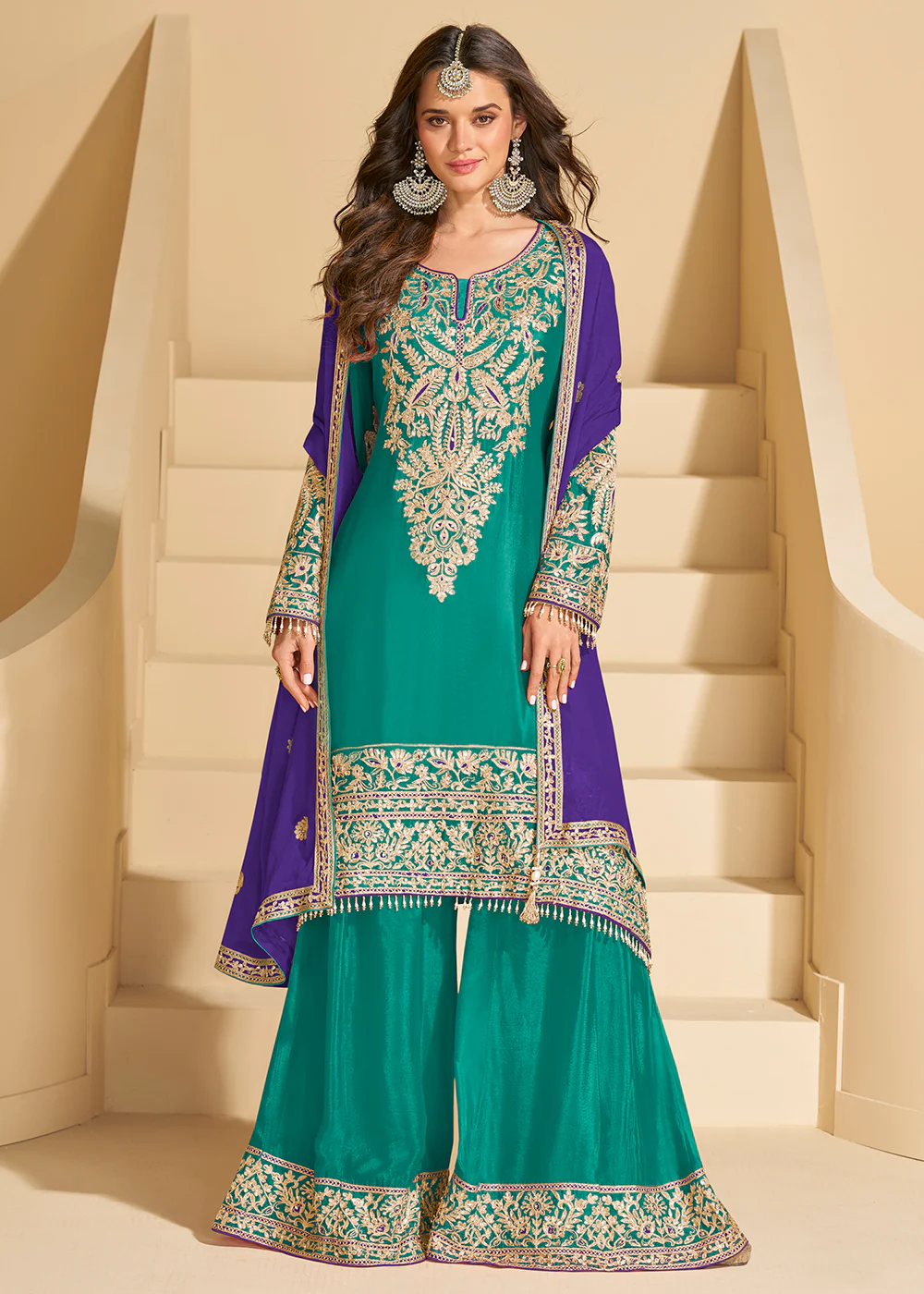 Rama Green Chinnon Silk Palazzo Style Suit