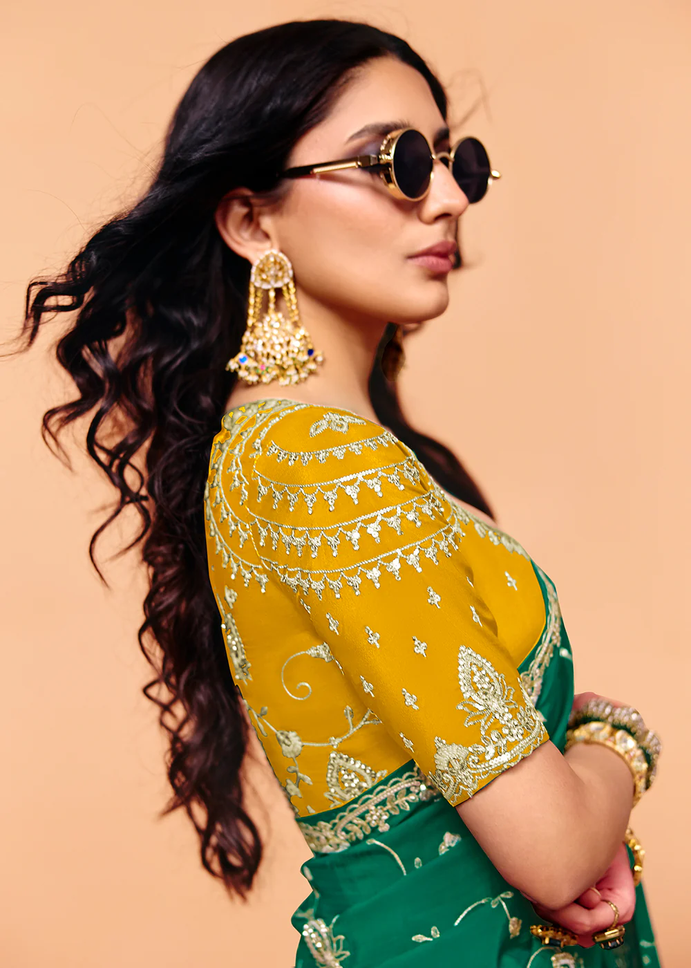 Rama Green Designer Style Embroidered Saree - Image 2