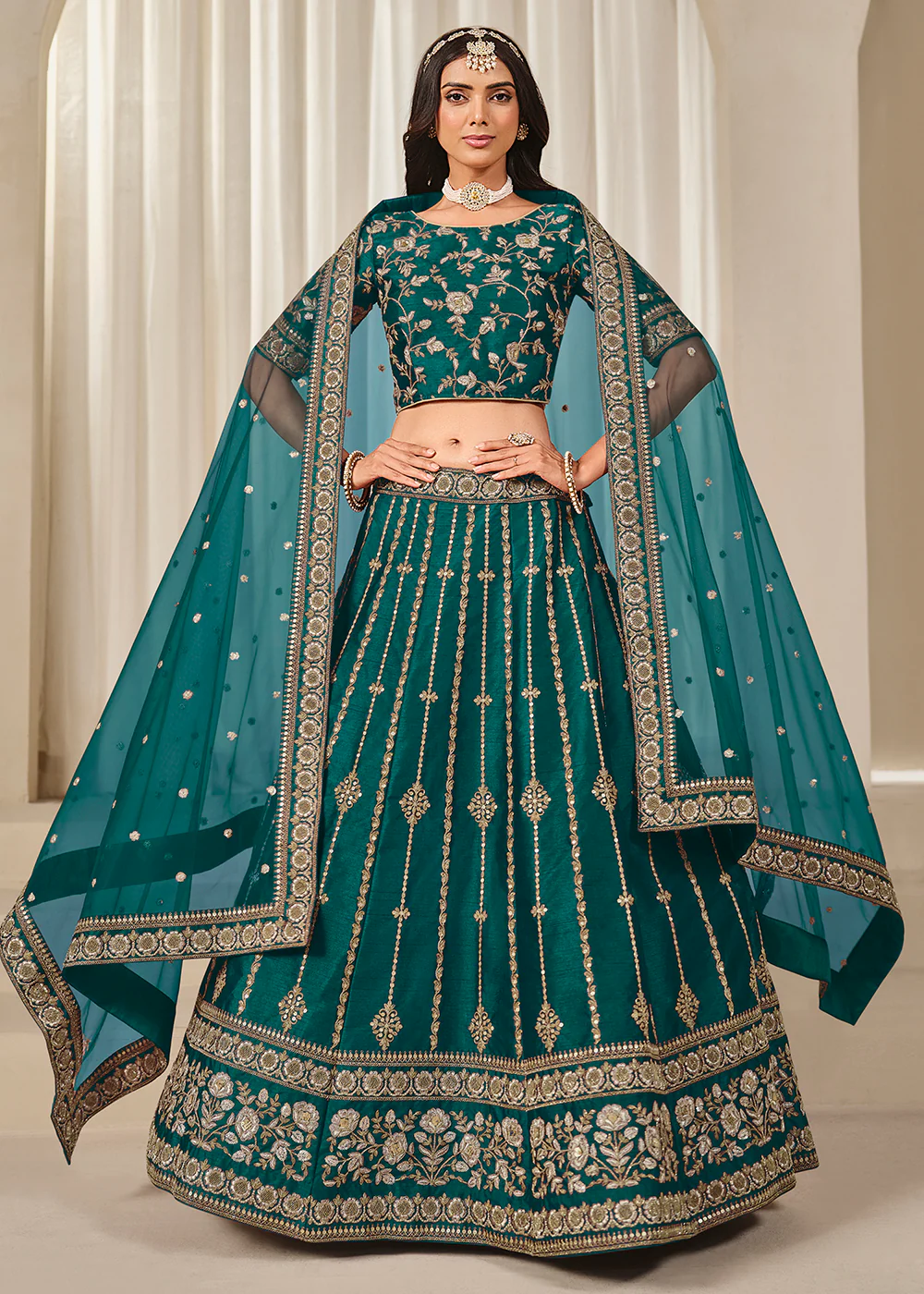 Rama Green Embroidered Art Silk Wedding Lehenga Choli - Image 4