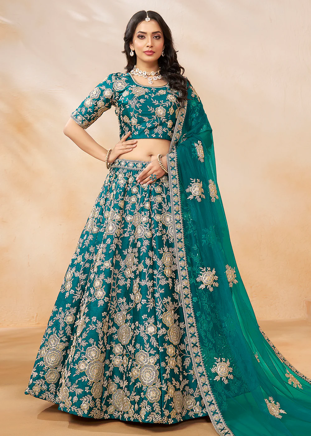 Rama Green Embroidered Art Silk Wedding Lehenga Choli