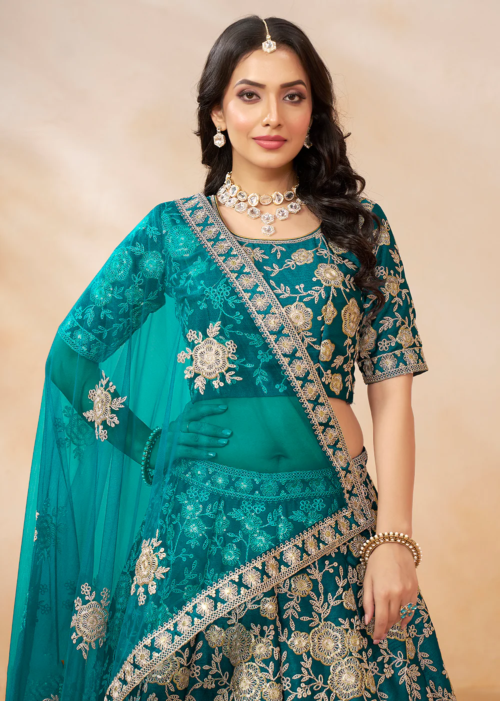 Rama Green Embroidered Art Silk Wedding Lehenga Choli - Image 2