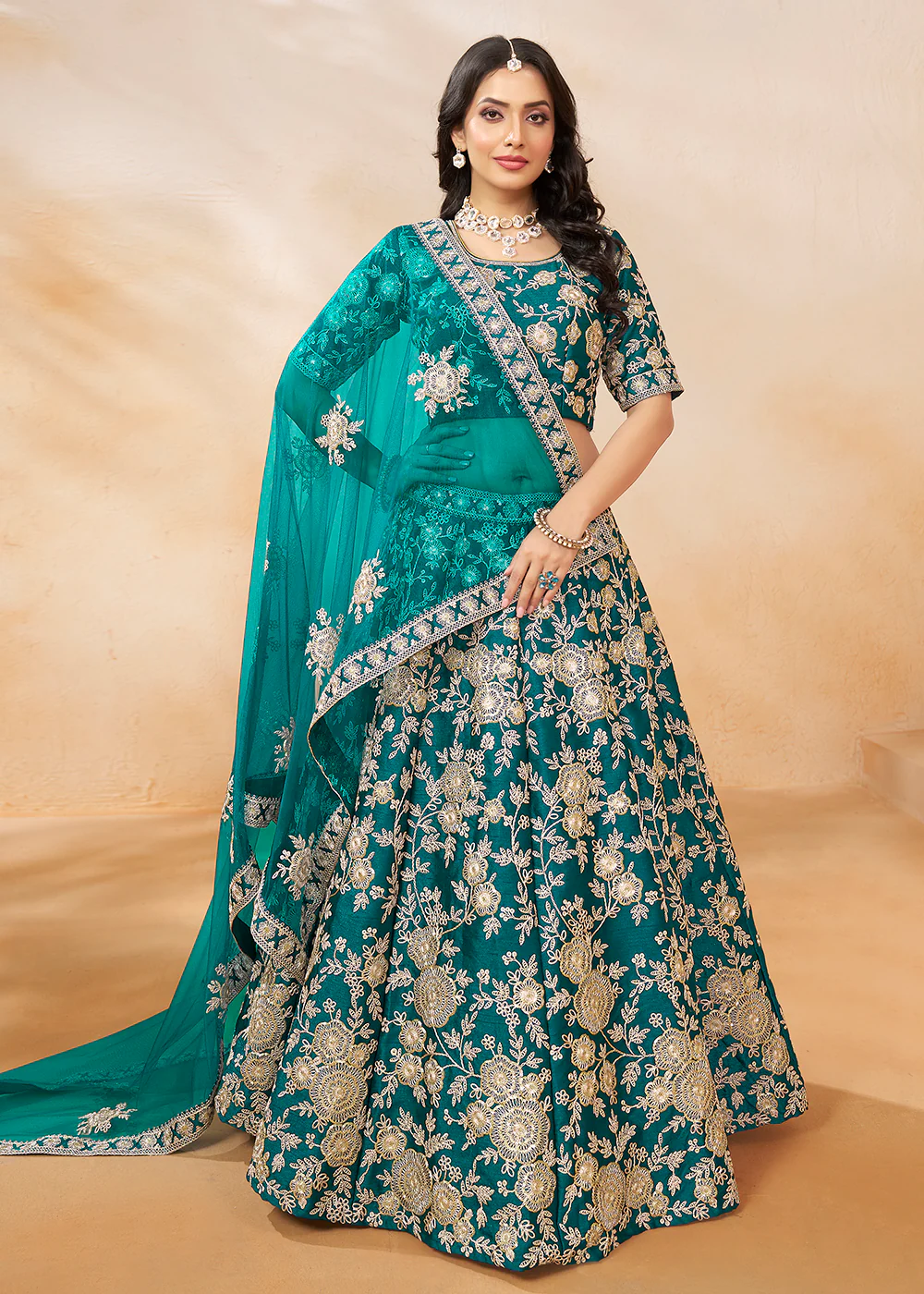Rama Green Embroidered Art Silk Wedding Lehenga Choli - Image 3