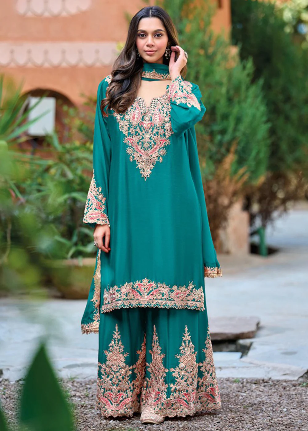 Rama Green Embroidered Chinnon Palazzo Suit
