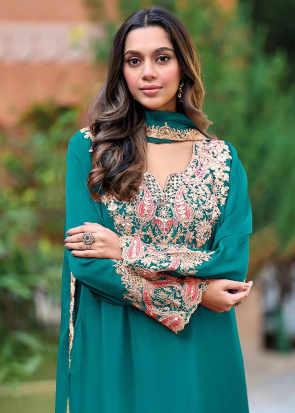 Rama Green Embroidered Chinnon Palazzo Suit - Image 2