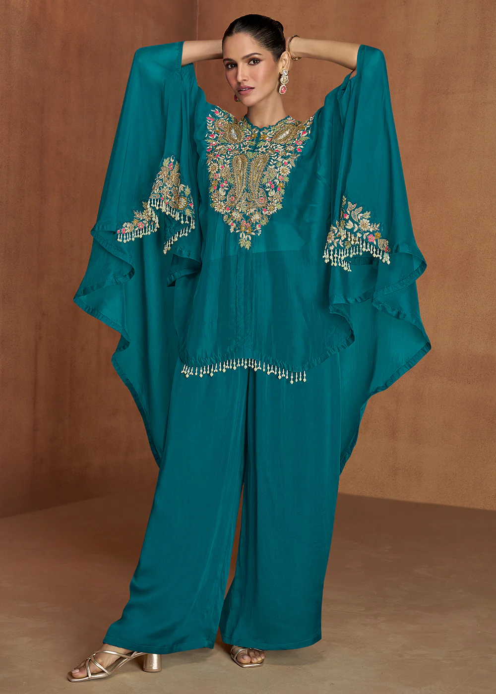 Rama Green Embroidered Kaftan Style Palazzo Suit - Image 3
