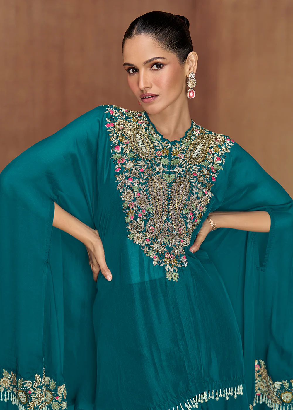 Rama Green Embroidered Kaftan Style Palazzo Suit - Image 4