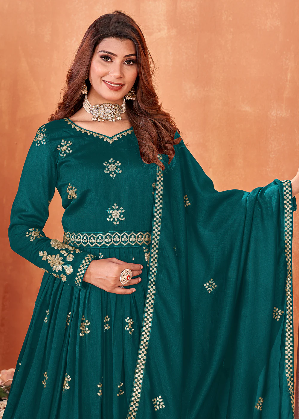 Rama Green Festive Embroidered Art Silk Anarkali Suit - Image 2