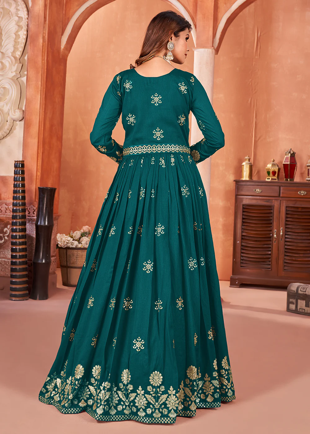 Rama Green Festive Embroidered Art Silk Anarkali Suit - Image 3