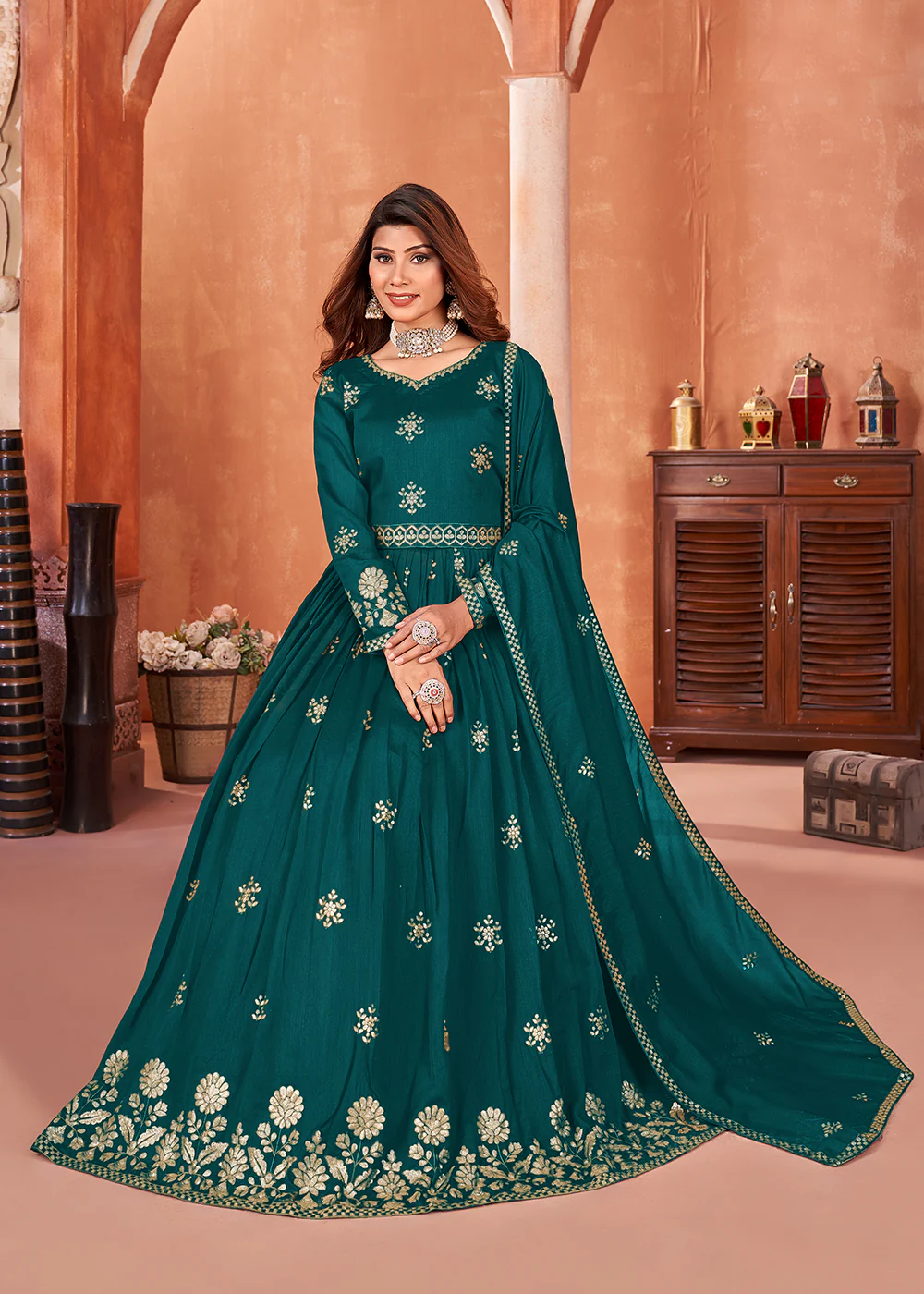 Rama Green Festive Embroidered Art Silk Anarkali Suit - Image 4