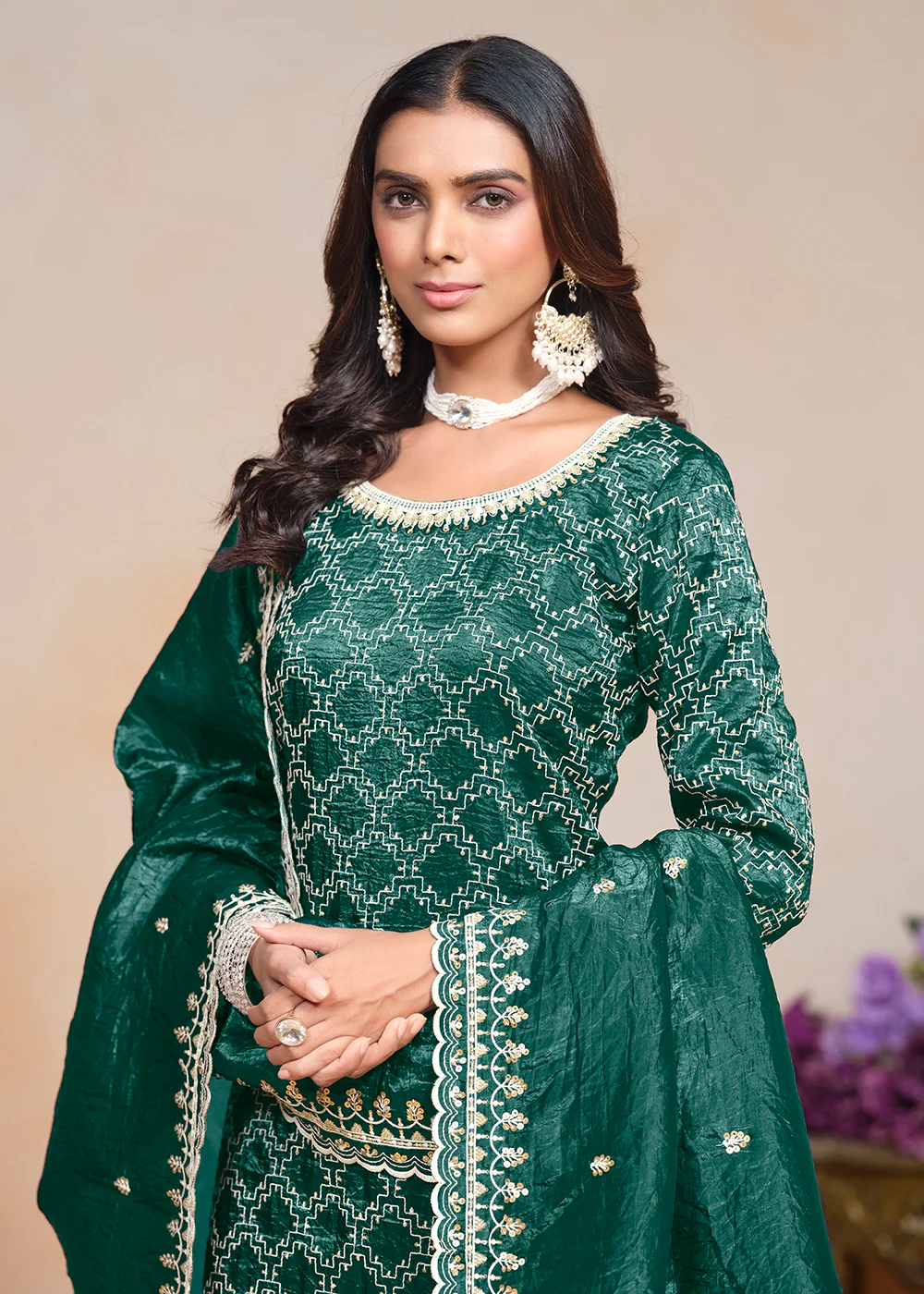 Rama Green Gold Crushed Embroidered Palazzo Suit - Image 2