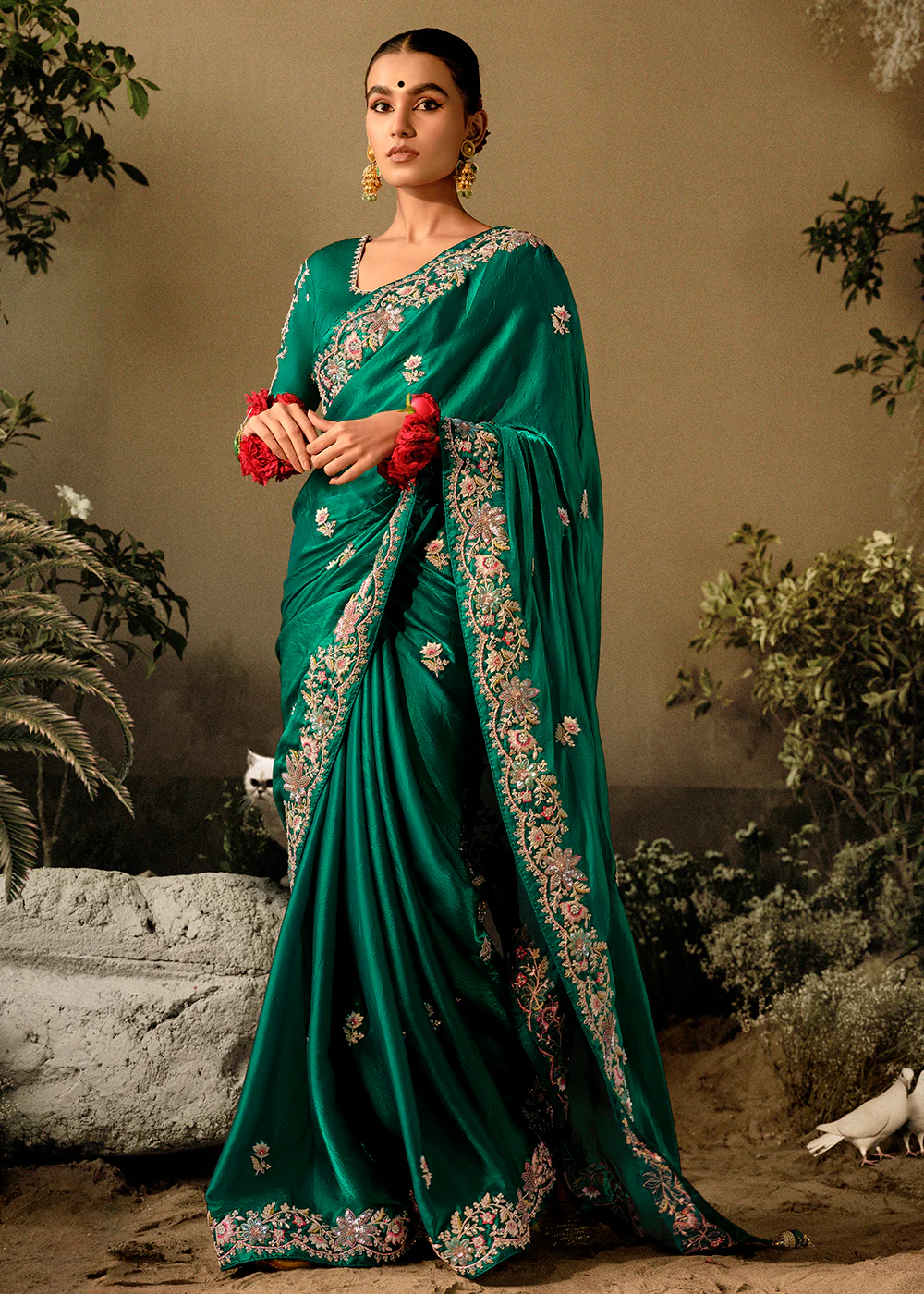 Rama Green Khatli Work Embroidered Designer Wedding Saree