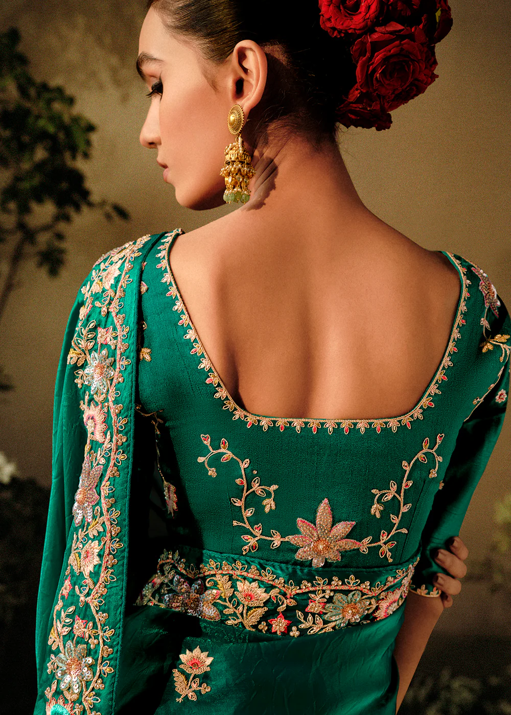 Rama Green Khatli Work Embroidered Designer Wedding Saree - Image 3